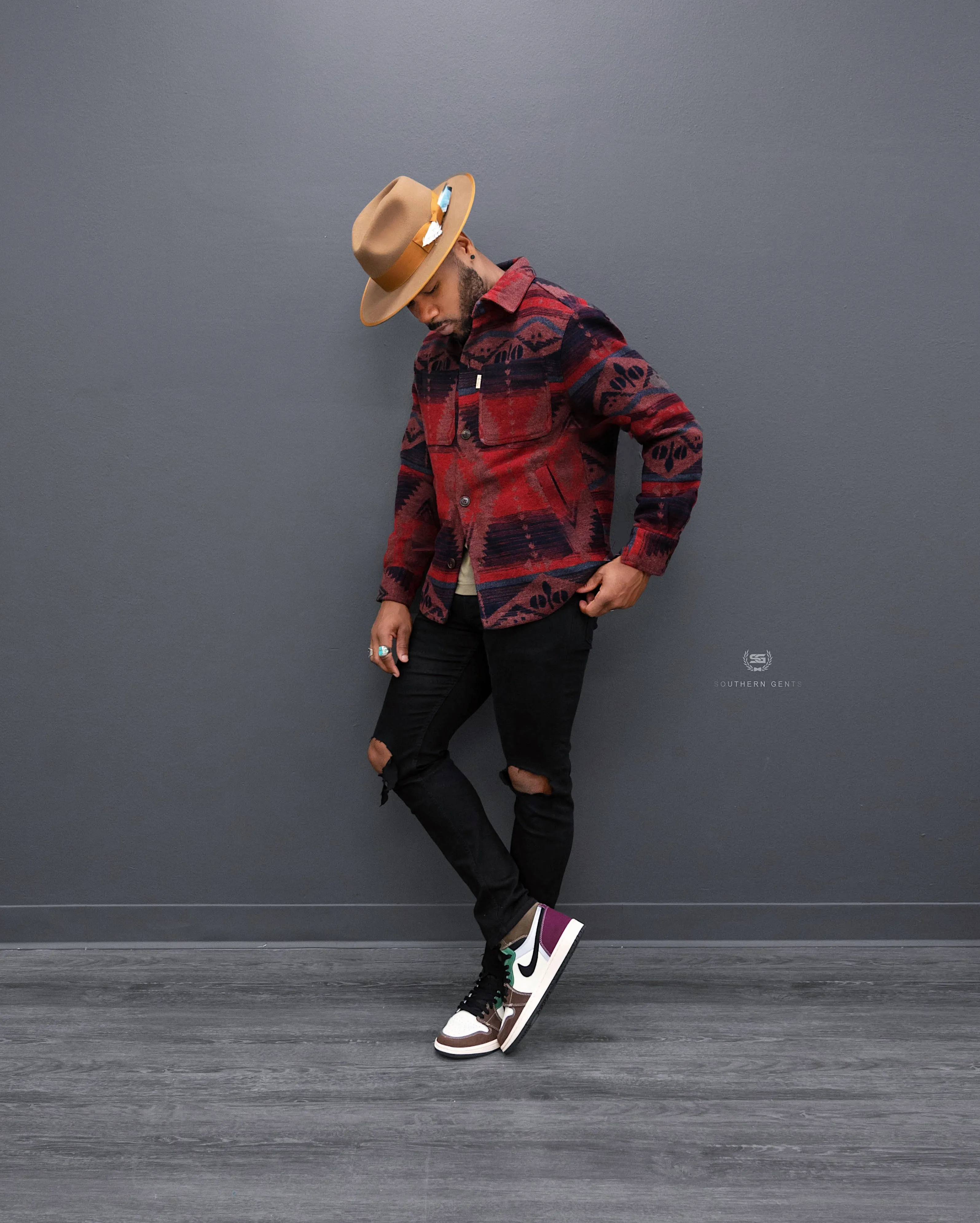 Southern Gents Quilted Aztec Shirt Jacket - Navy + Beet sold by Southern Gents product image thumbnail 2