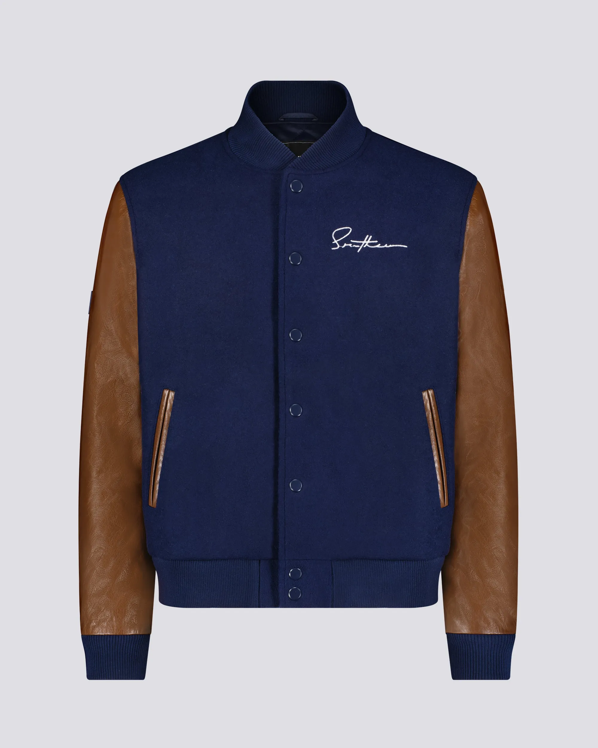 SG Signature Varsity Jacket - Navy + Brown sold by Southern Gents