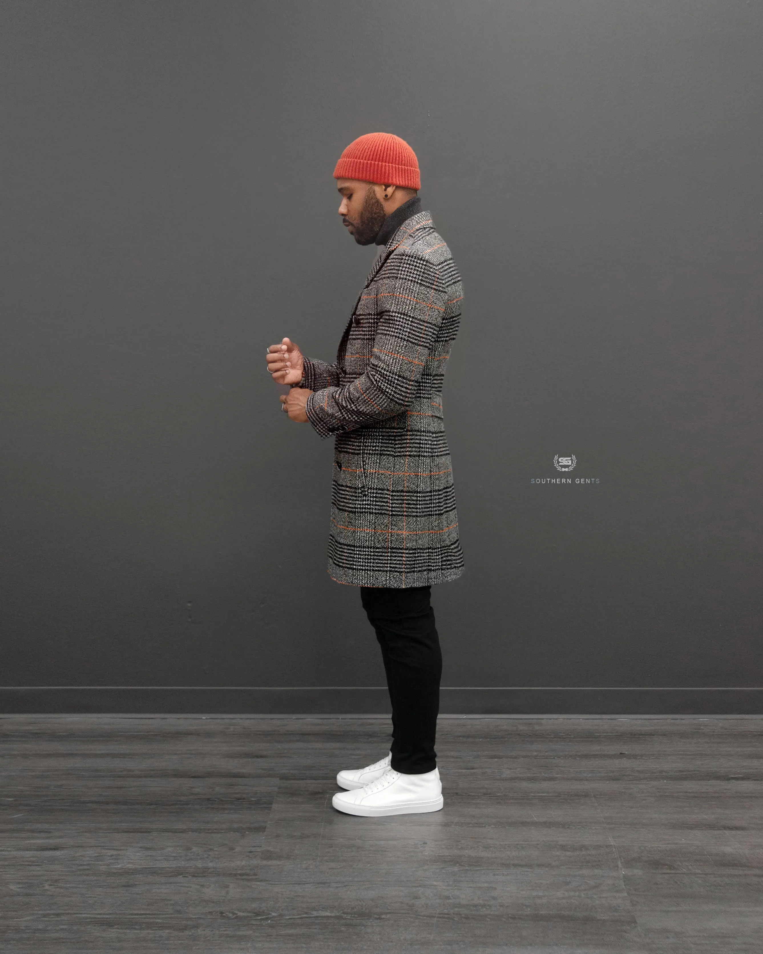 SG Men's Anniversary V Double Breasted Topcoat – Grey + Orange Plaid sold by Southern Gents product image thumbnail 3