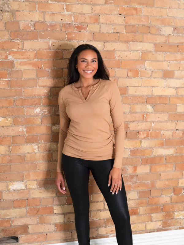 Ribbed V-Neck Long Sleeve Tall Tee - Toffee Cream sold by Amalli Talli