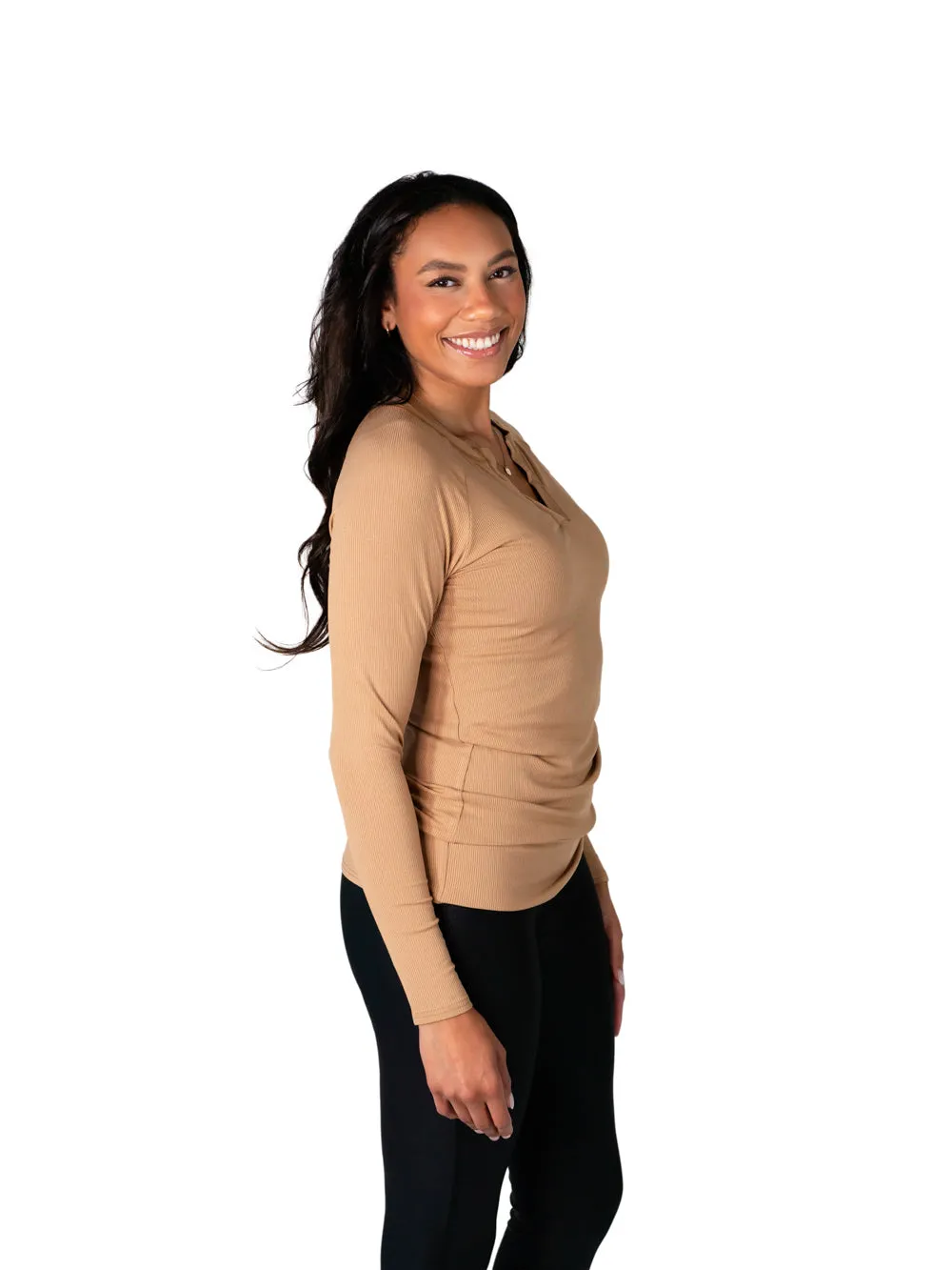Ribbed V-Neck Long Sleeve Tall Tee - Toffee Cream sold by Amalli Talli product image thumbnail 3