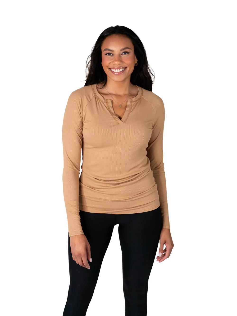 Ribbed V-Neck Long Sleeve Tall Tee - Toffee Cream sold by Amalli Talli product image thumbnail 2