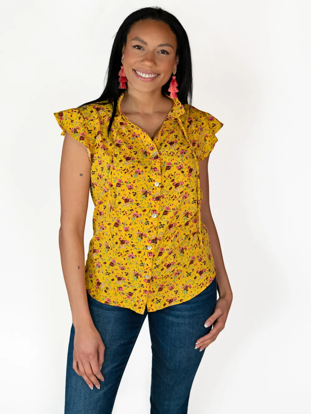 Ruffle Sleeve Tall Blouse - Mustard Floral - FINAL SALE sold by Amalli Talli product image thumbnail 2