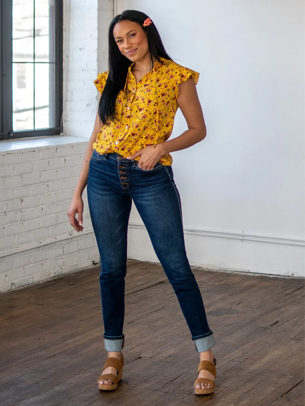 Ruffle Sleeve Tall Blouse - Mustard Floral - FINAL SALE sold by Amalli Talli