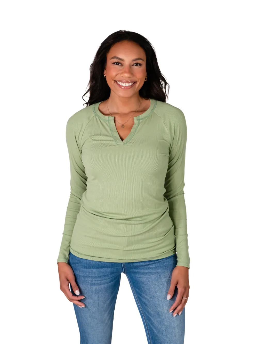 Ribbed V-Neck Long Sleeve Tall Tee - Olive Green sold by Amalli Talli product image thumbnail 3