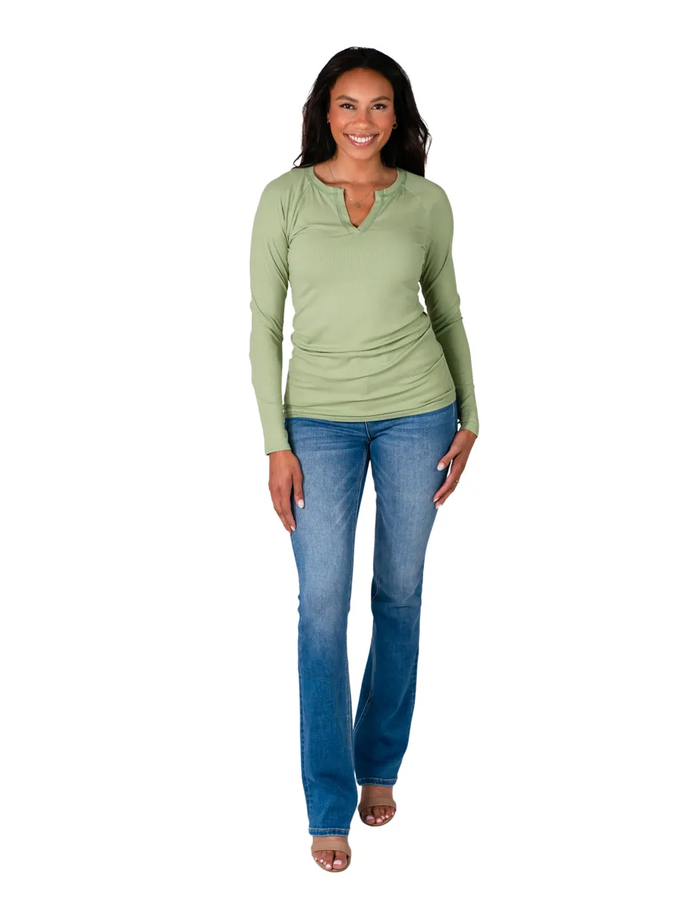 Ribbed V-Neck Long Sleeve Tall Tee - Olive Green sold by Amalli Talli product image thumbnail 2