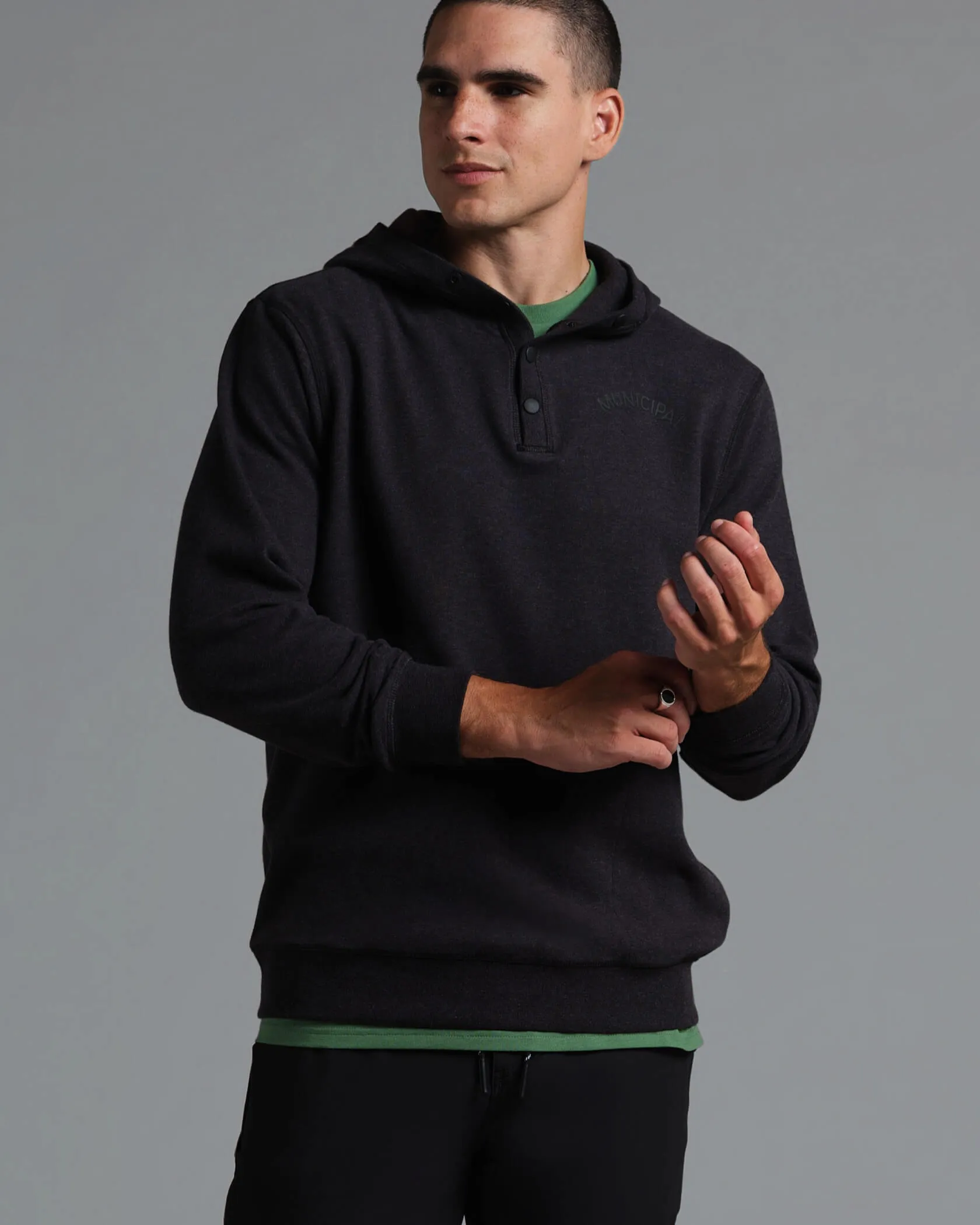 Cordless Snap Hoodie sold by MUNICIPAL