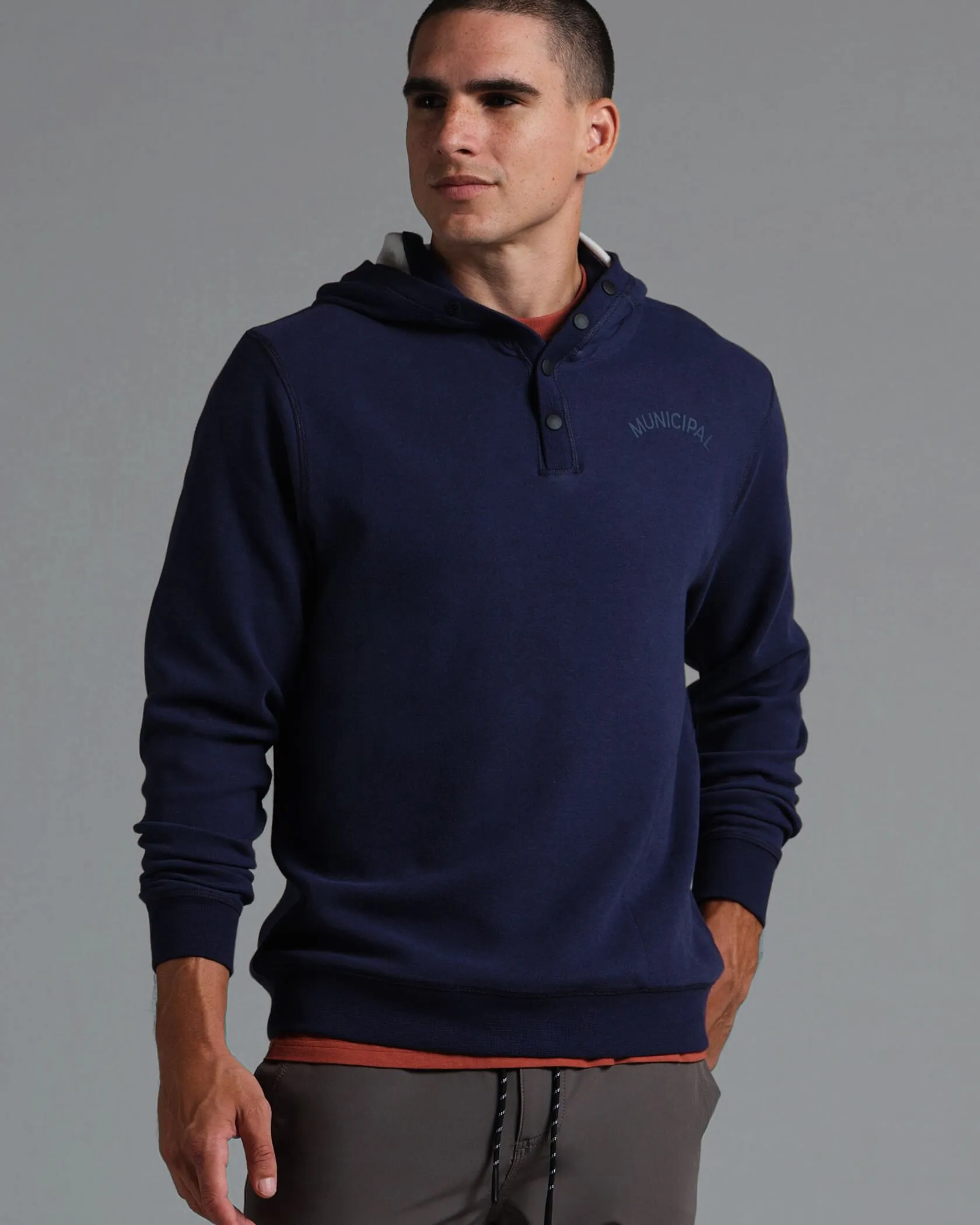 Cordless Snap Hoodie sold by MUNICIPAL