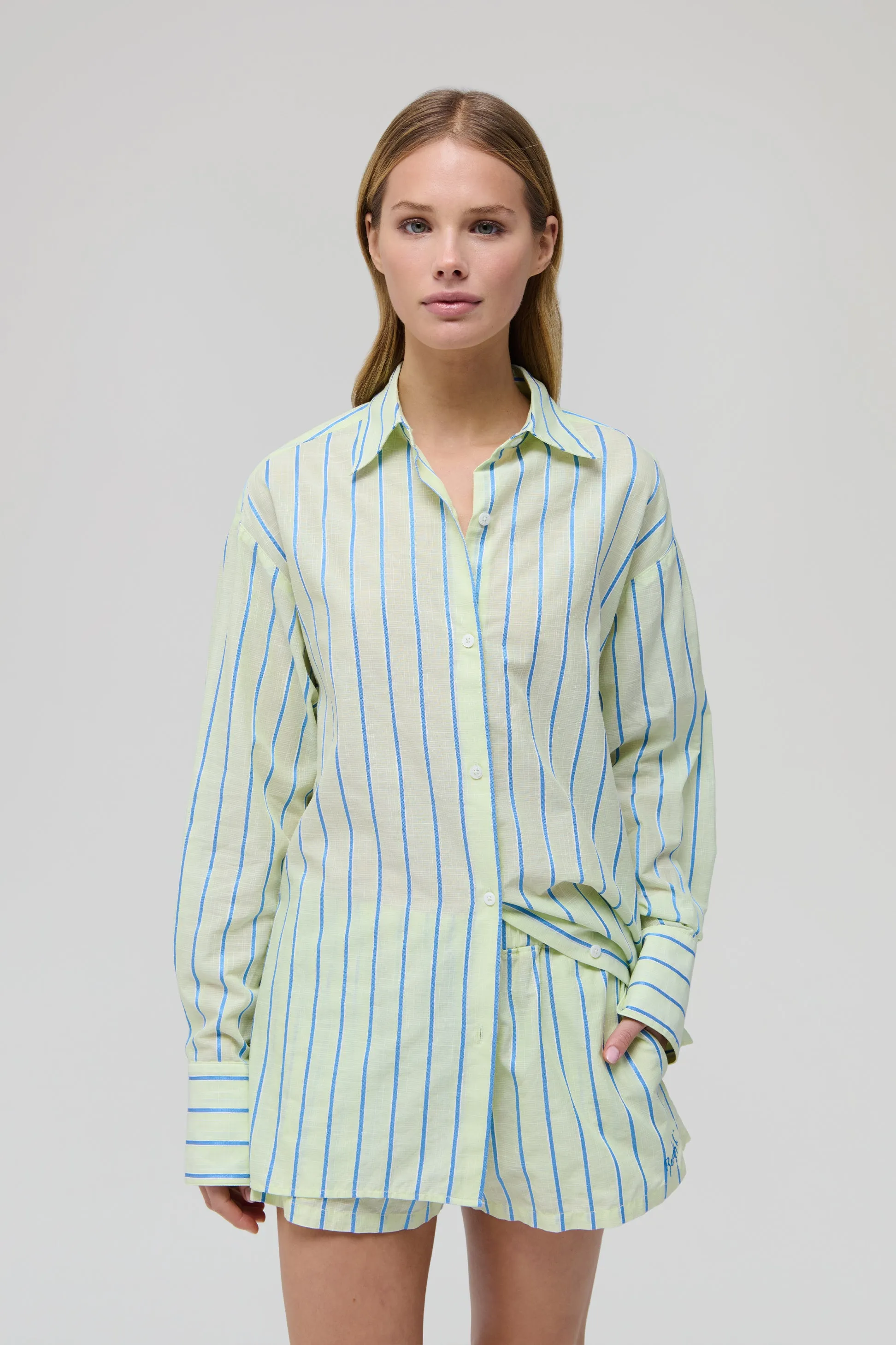 STRIPE BOXY LONG SLEEVE BUTTON UP sold by RENGGLI
