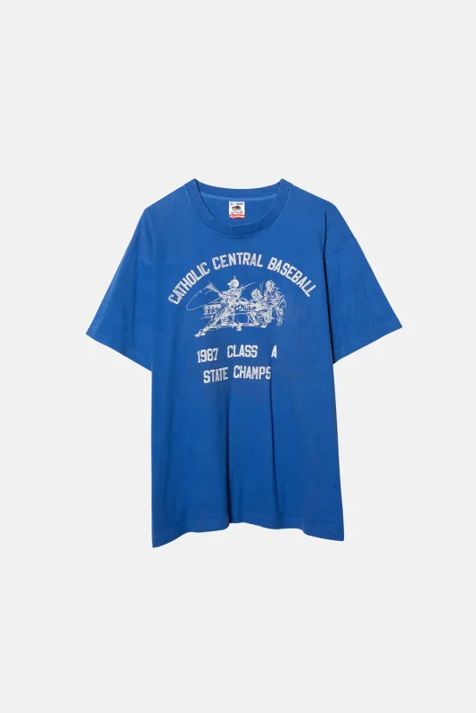 VINTAGE CATHOLIC 87' CENTRAL BASEBALL TEE sold by Elwood Clothing