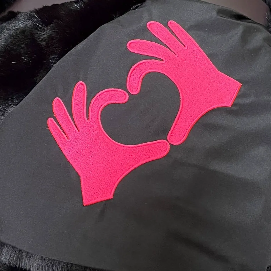 Pink Heart Hands on Black Outdoor Blanket sold by Pretty Rugged Gear