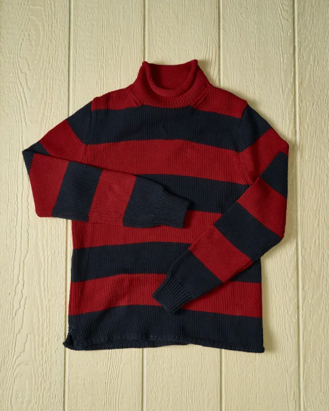 Fisherman's Sweater in Navy/Burgundy Stripe sold by Quaker Marine Supply