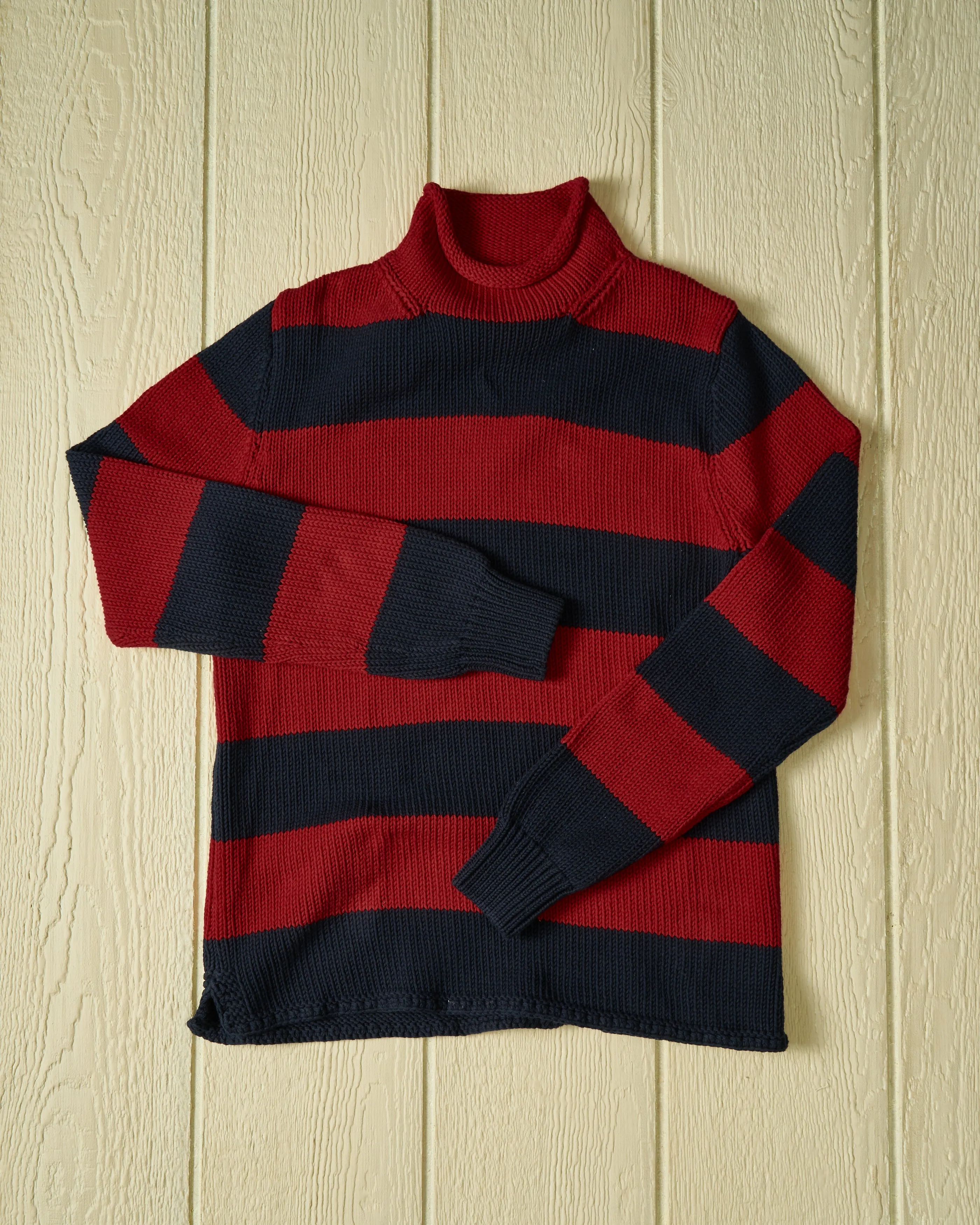 Fisherman's Sweater in Navy/Burgundy Stripe sold by Quaker Marine Supply