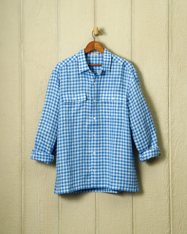 Linen Utility Shirt in Indigo Gingham sold by Quaker Marine Supply