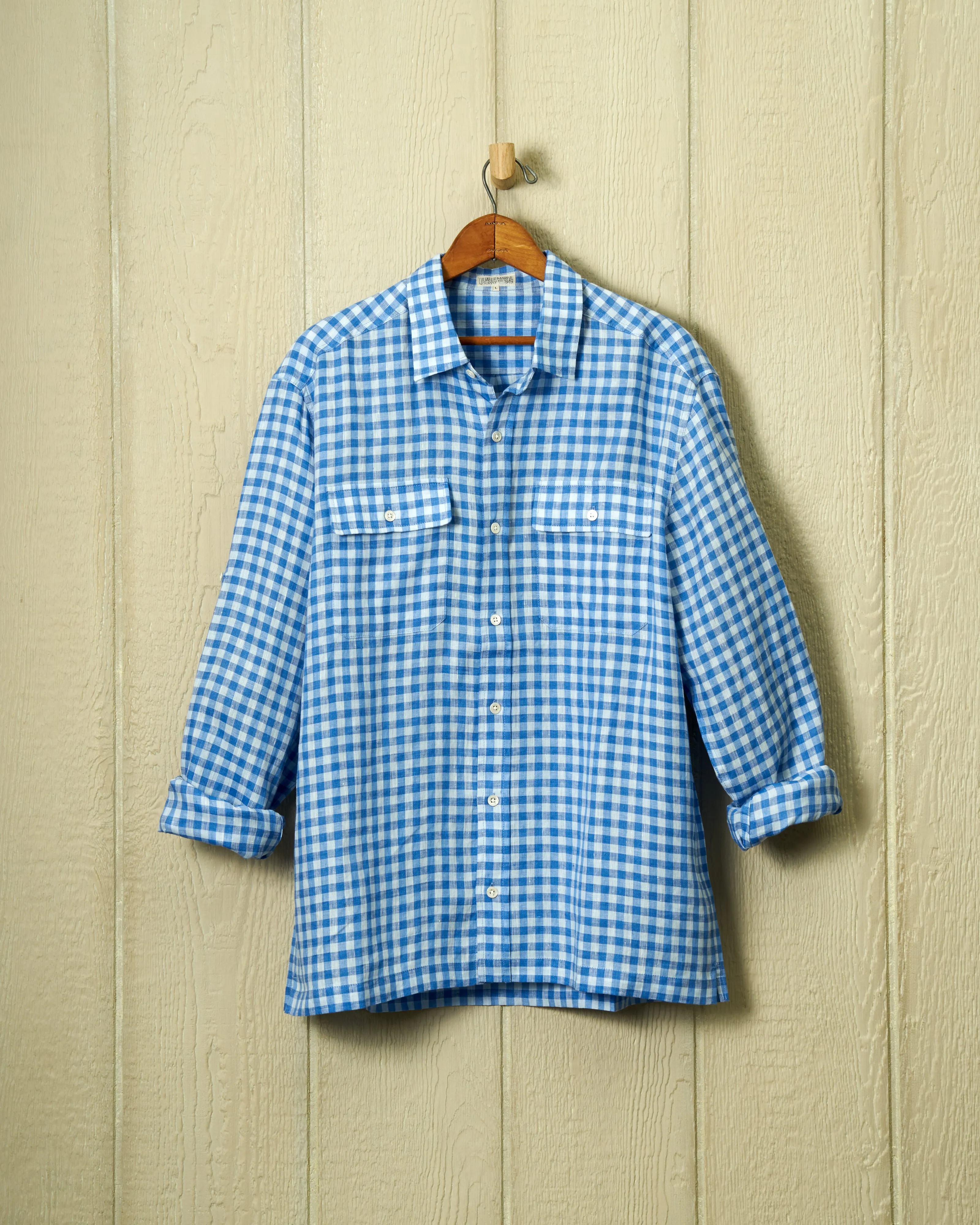 Linen Utility Shirt in Indigo Gingham sold by Quaker Marine Supply