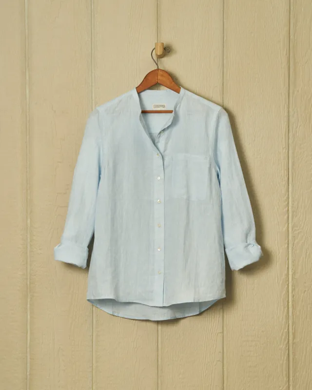 Women's Band Collar Shirt in Powder Blue Linen sold by Quaker Marine Supply