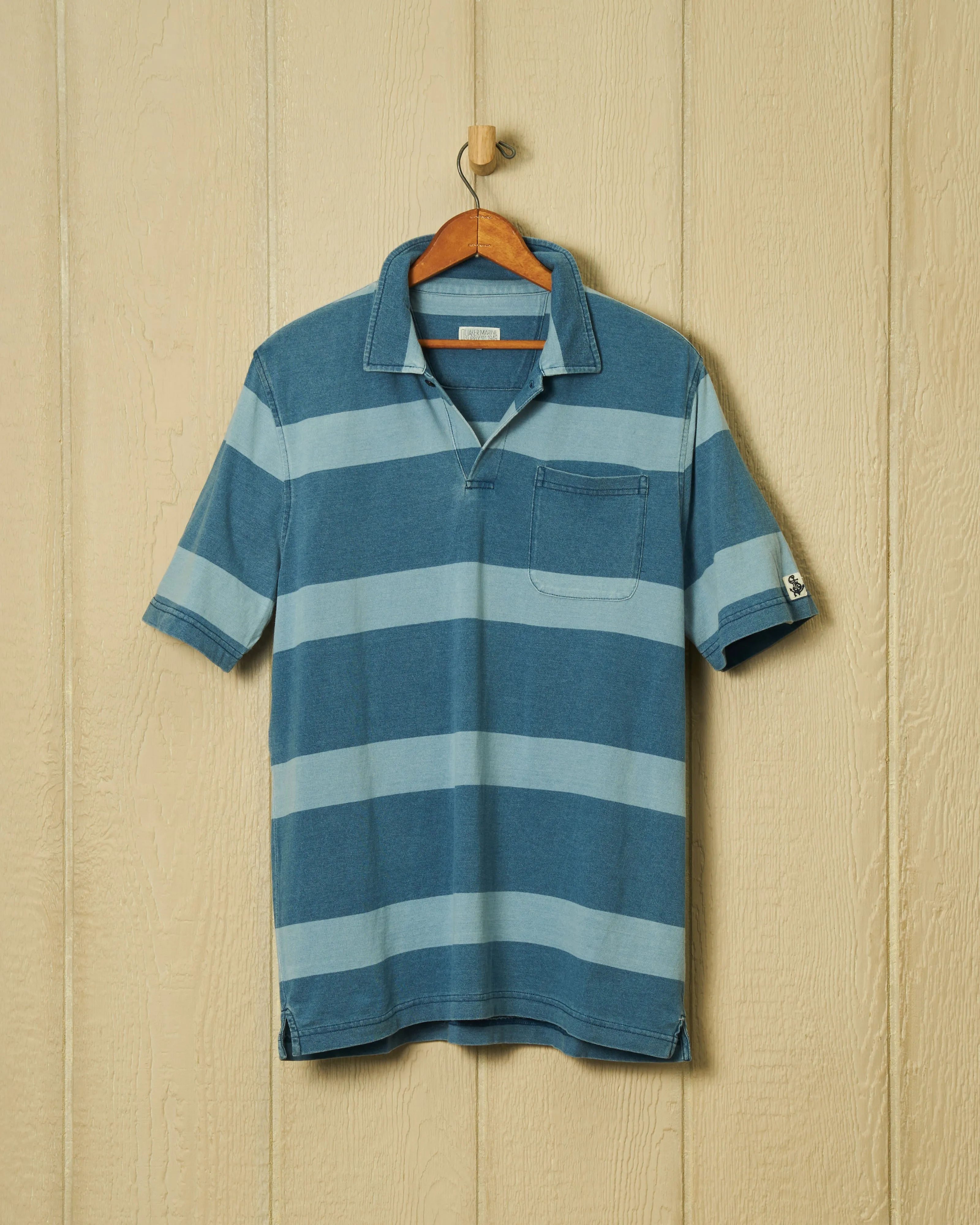 Indigo Polo in Multi-Blue Rugby Stripe sold by Quaker Marine Supply
