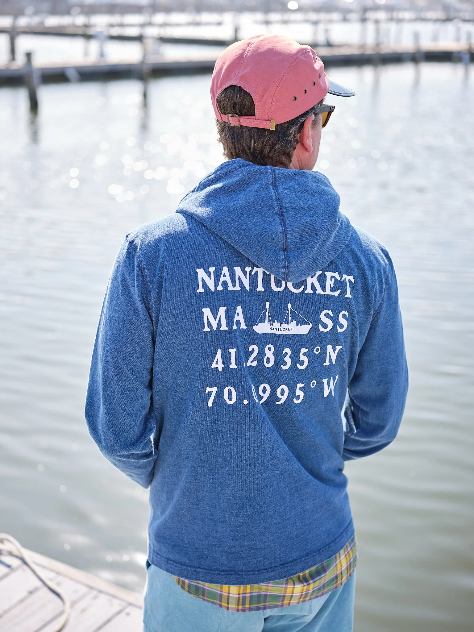 Nantucket Wharf Hoodie in Washed Indigo sold by Quaker Marine Supply
