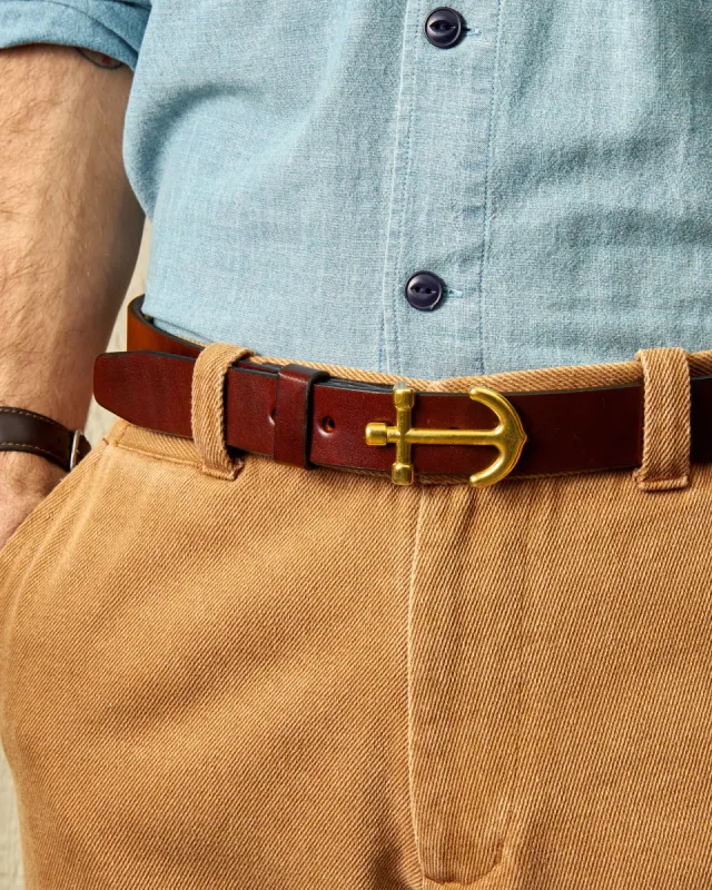 Bridle Strap Belt with Anchor Buckle in Oak Bark sold by Quaker Marine Supply