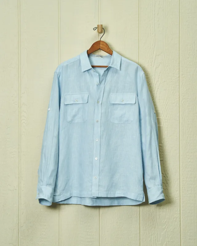 Linen Utility Shirt in Blue/White Fine Stripe made by Quaker Marine Supply