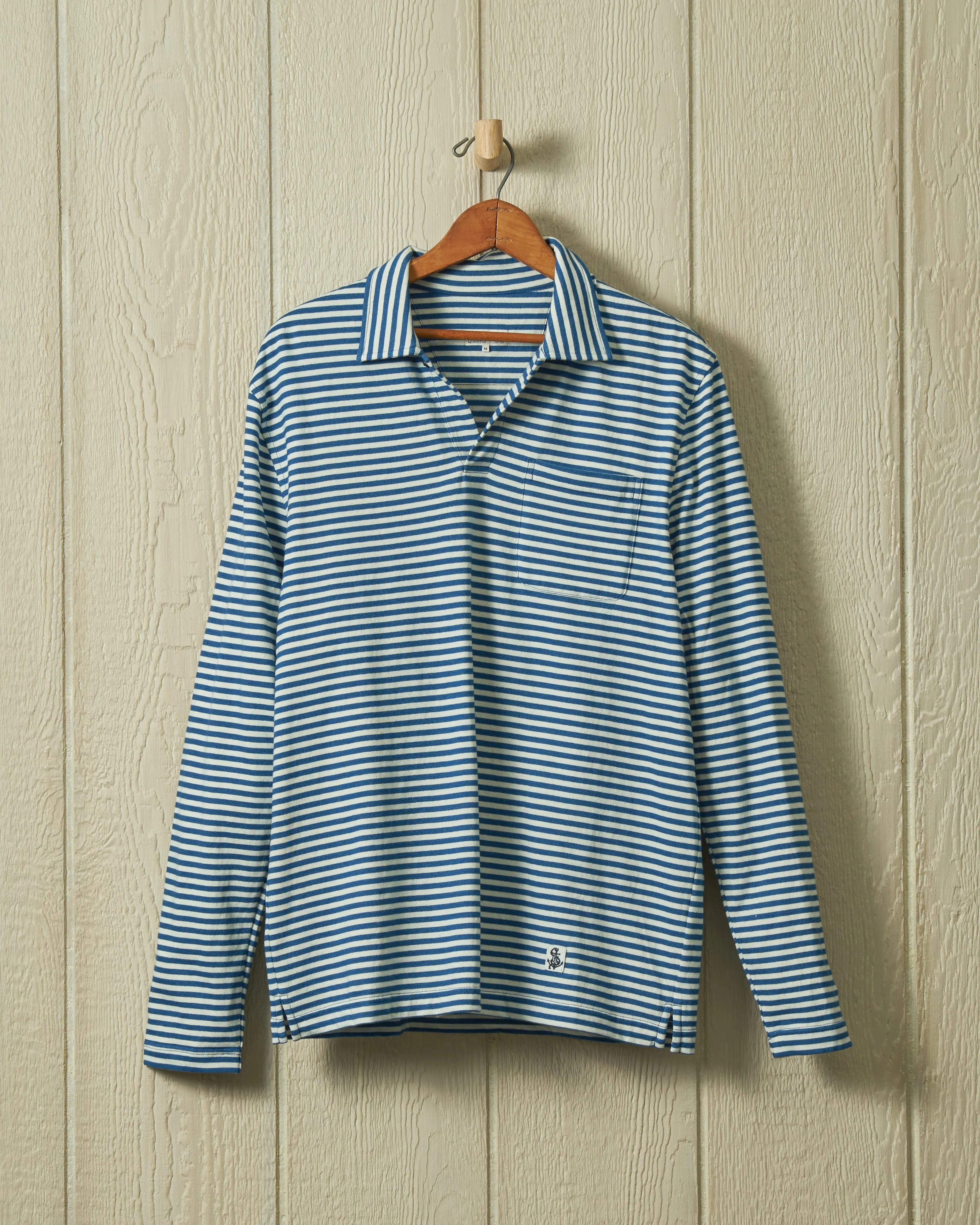 Long Sleeve Indigo Polo in Blue/White Stripe sold by Quaker Marine Supply