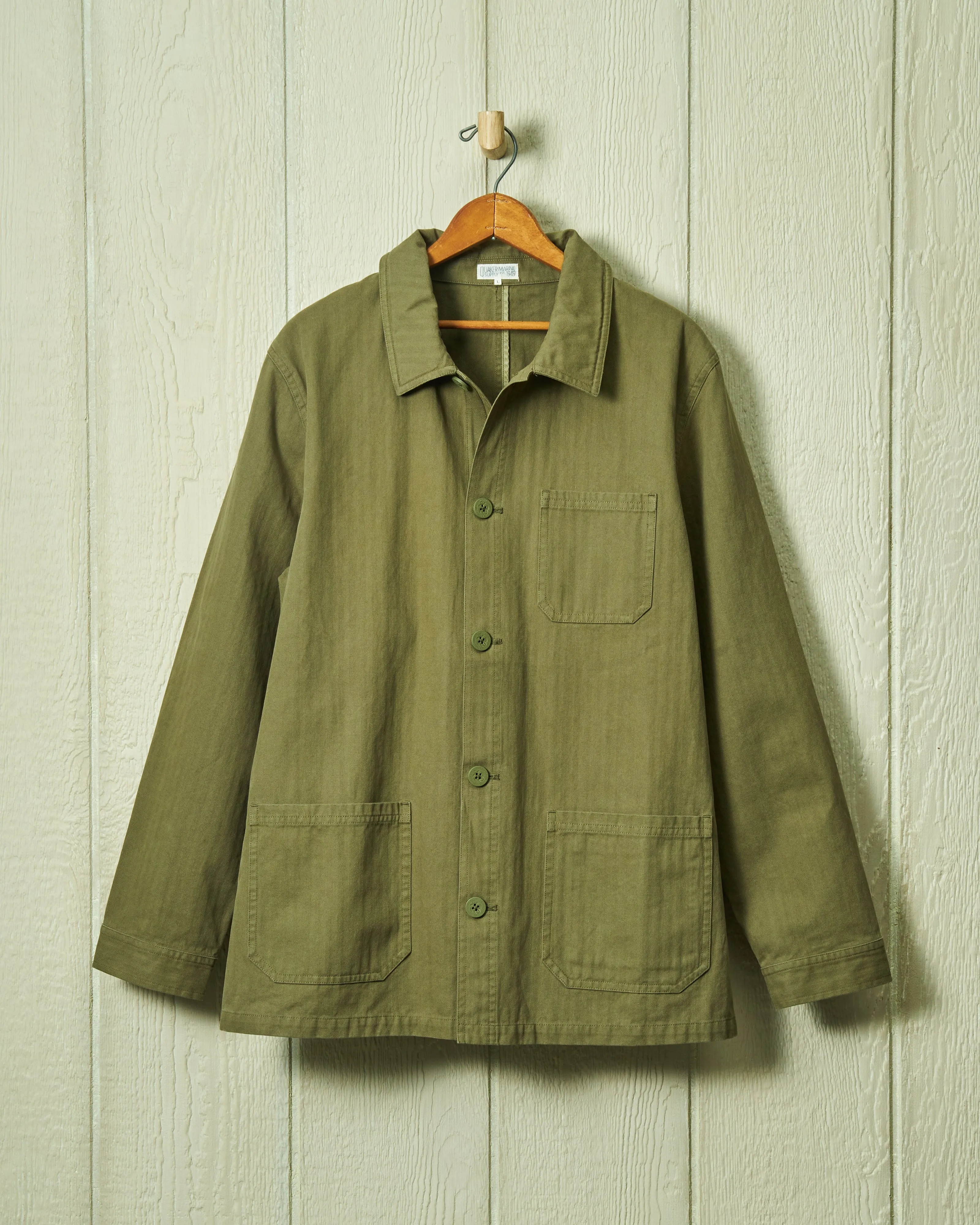 French Workman’s Jacket in Olive Herringbone sold by Quaker Marine Supply