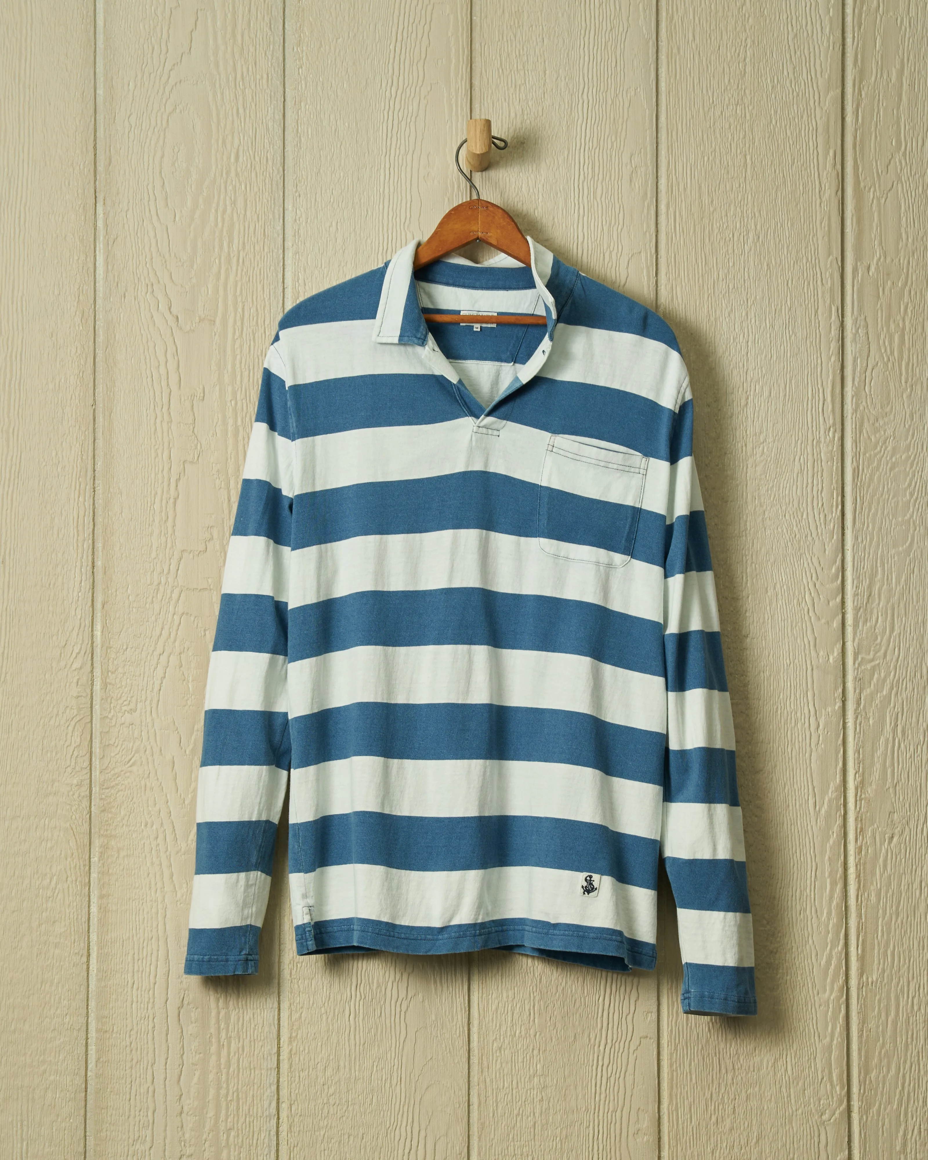 Long Sleeve Indigo Polo in Blue/White Rugby Stripe sold by Quaker Marine Supply