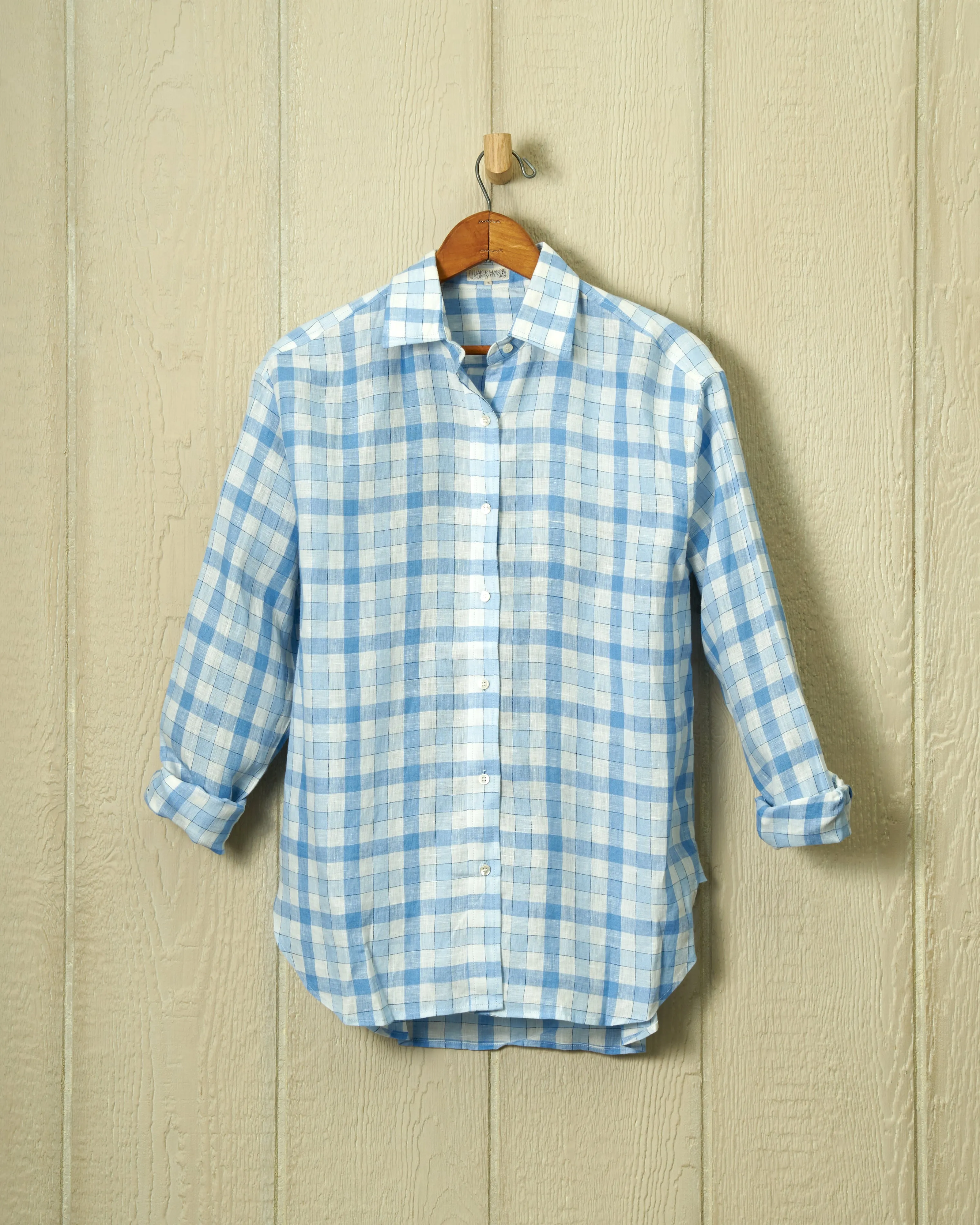 Women's Linen Shirt in Indigo Check sold by Quaker Marine Supply