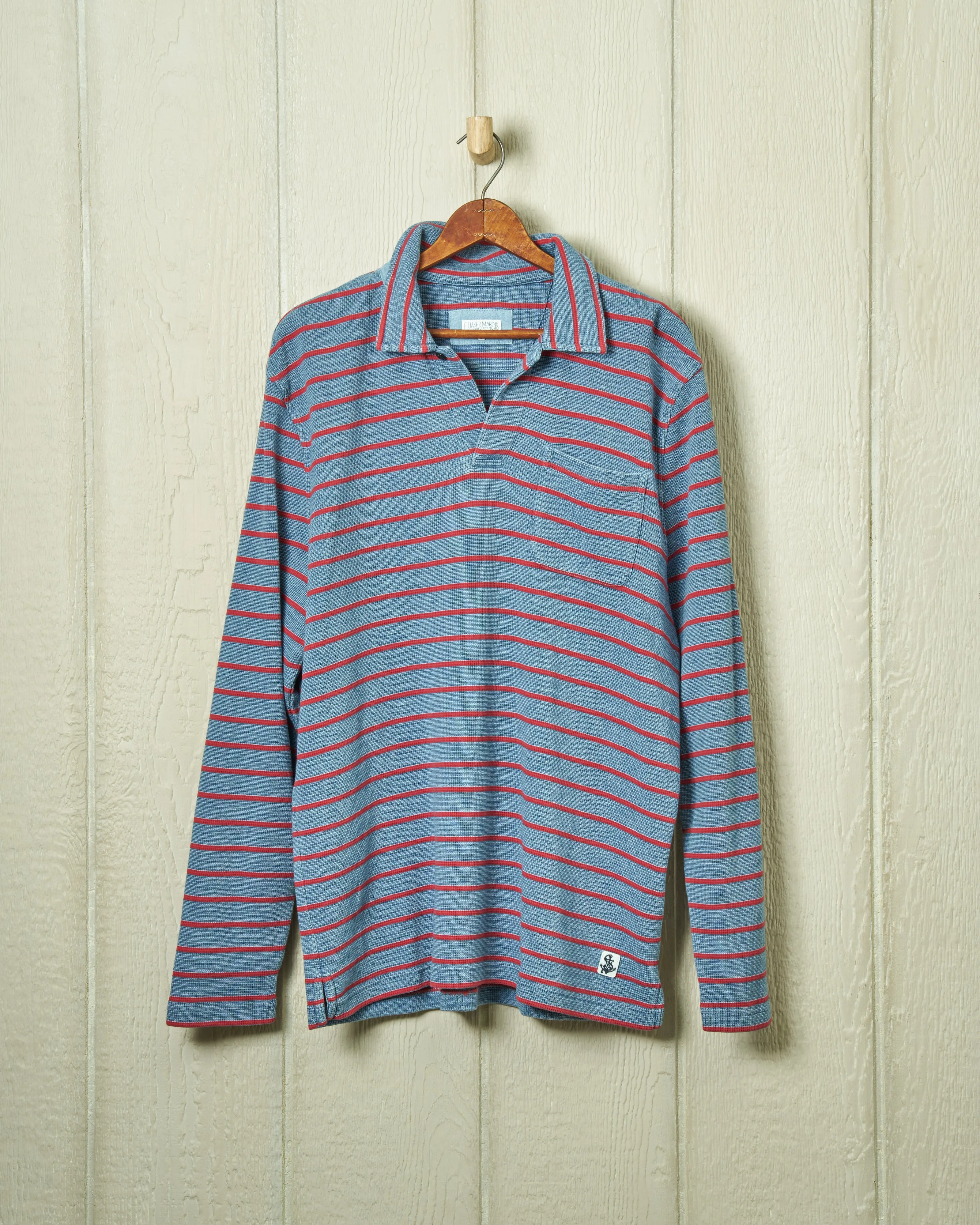 Long Sleeve Indigo Polo in Red/Navy Ribbed Knit sold by Quaker Marine Supply