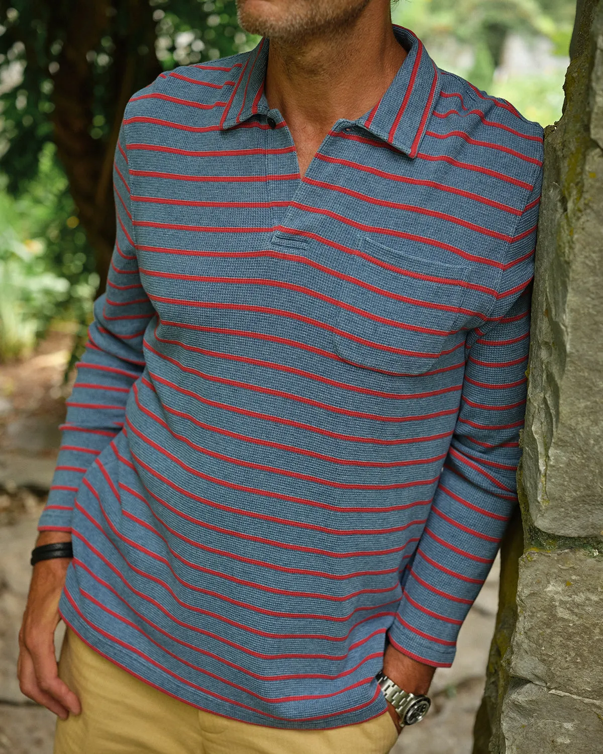 Long Sleeve Indigo Polo in Red/Navy Ribbed Knit sold by Quaker Marine Supply product image thumbnail 2