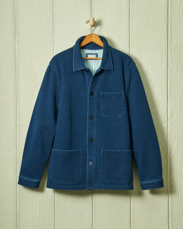 French Workman’s Jacket in Dark Wash Indigo Loopback Terry sold by Quaker Marine Supply