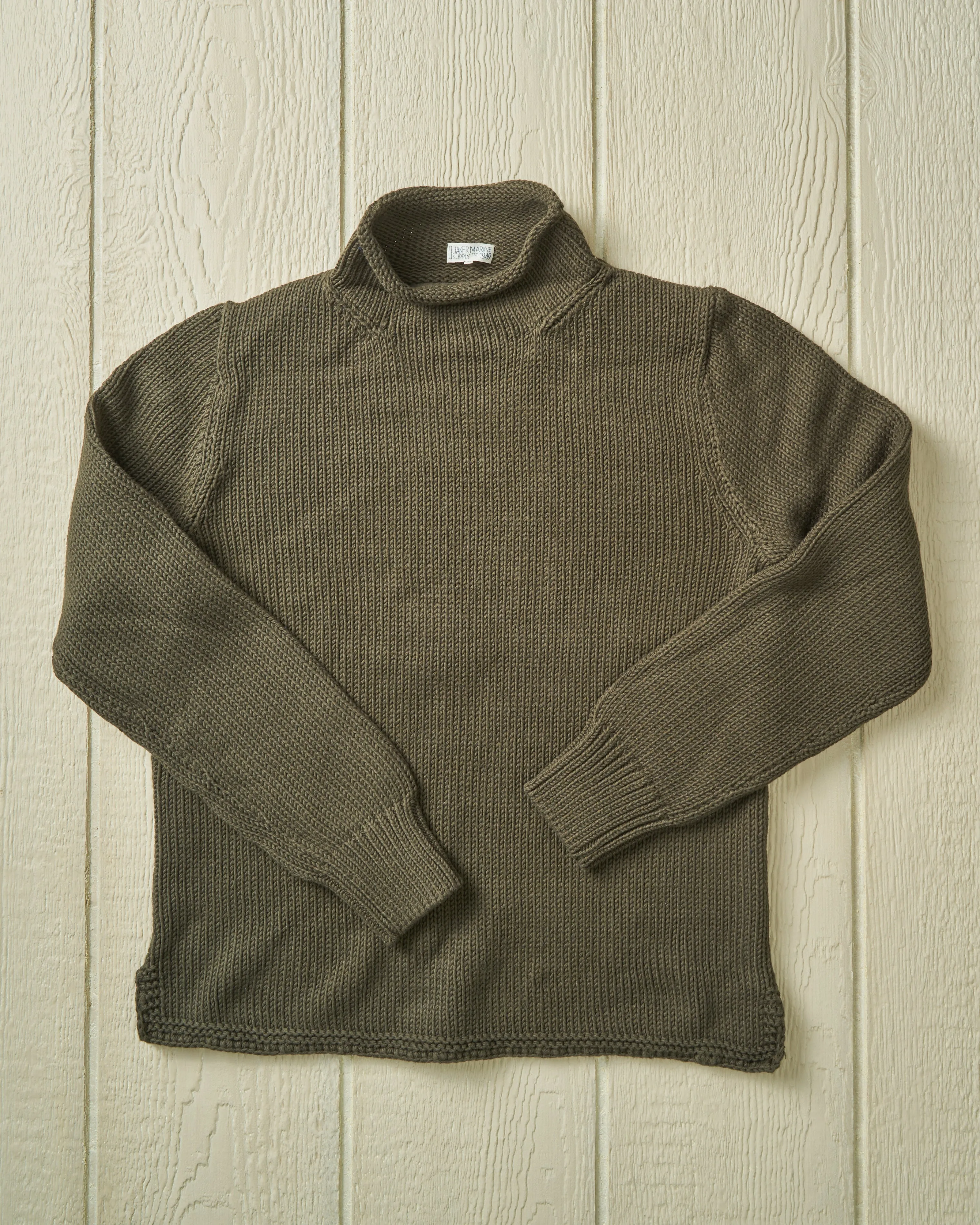 Fisherman's Sweater in Olive sold by Quaker Marine Supply