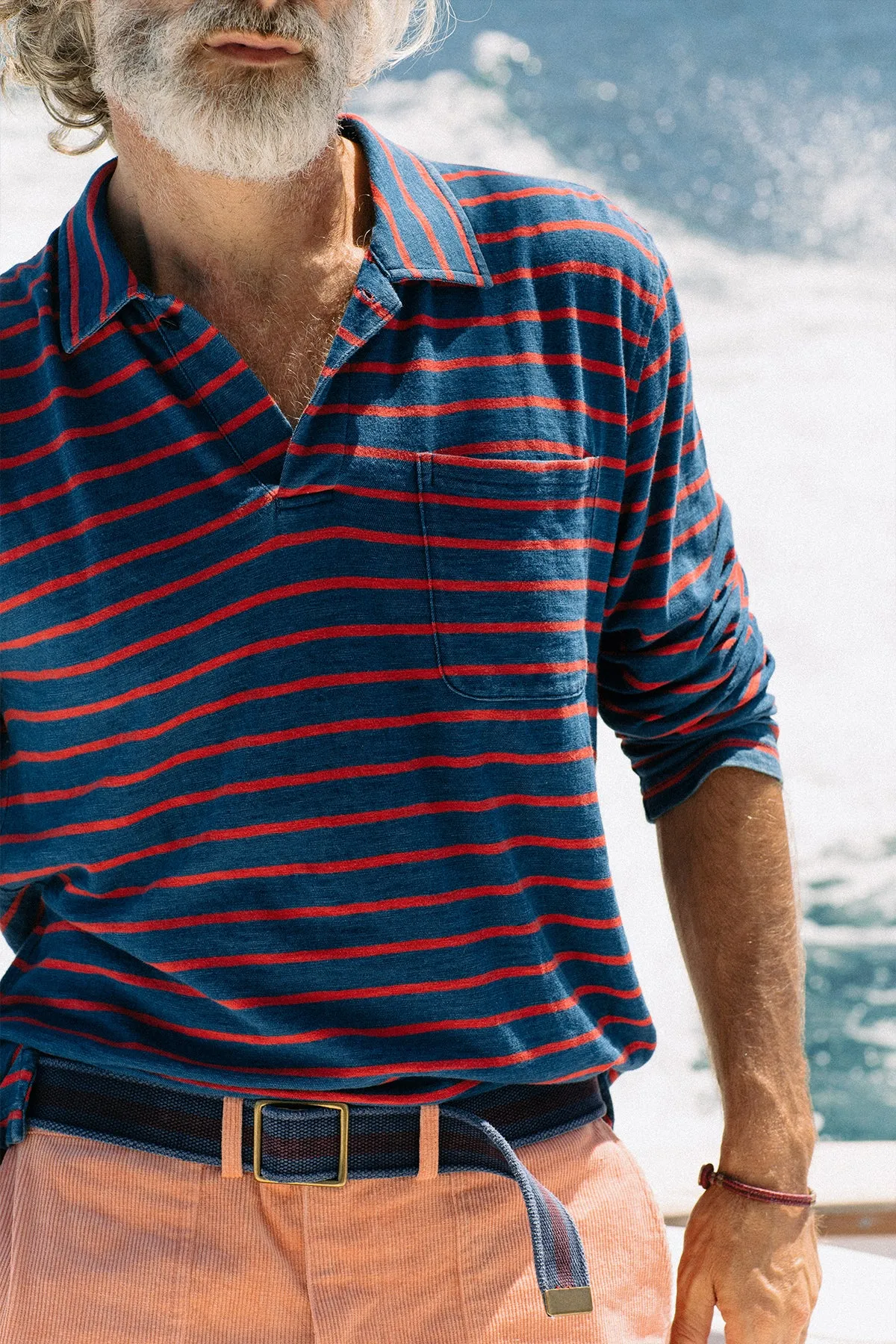 Long Sleeve Indigo Polo in 3/4" Red/Navy Stripe sold by Quaker Marine Supply product image thumbnail 2