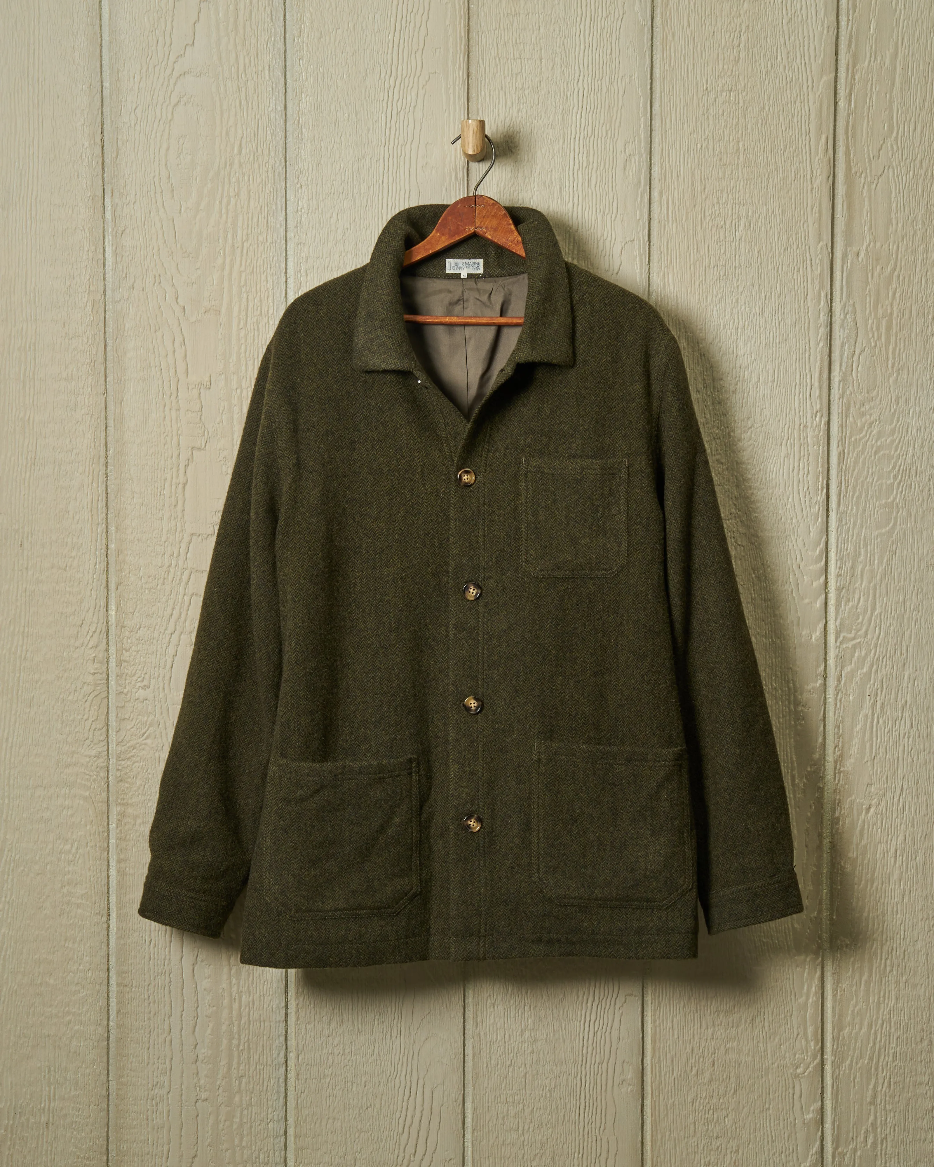 Camelhair French Workman’s Jacket in Olive Herringbone sold by Quaker Marine Supply