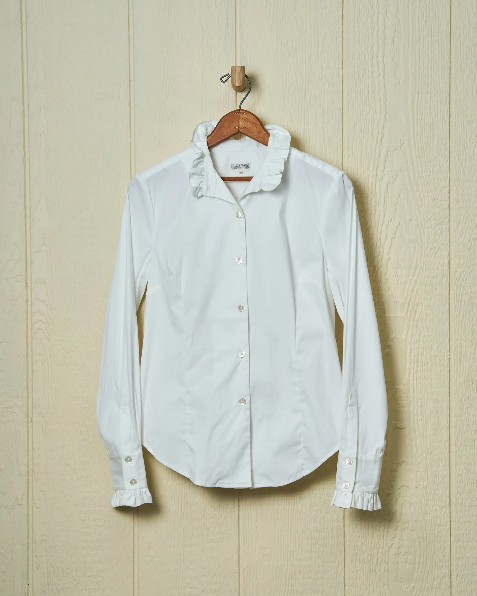 Ruffle Shirt in White Broadcloth sold by Quaker Marine Supply