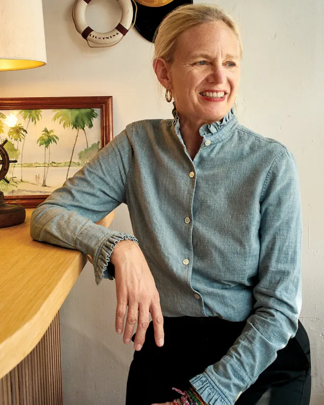 Ruffle Shirt in Chambray sold by Quaker Marine Supply