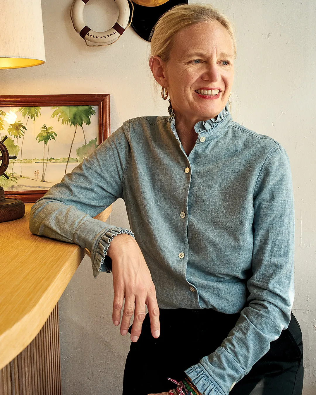 Ruffle Shirt in Chambray sold by Quaker Marine Supply