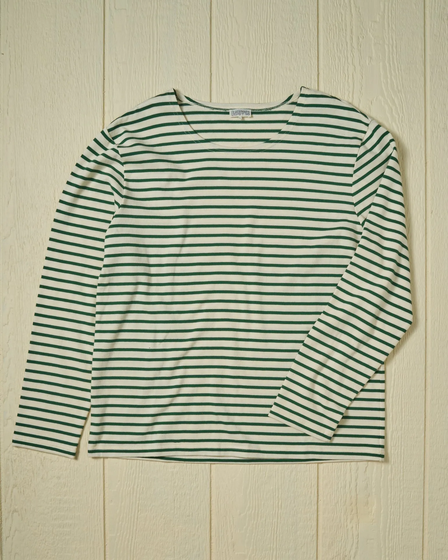 Men’s Breton Stripe Boatneck Tee in Off White/Hunter Green sold by Quaker Marine Supply