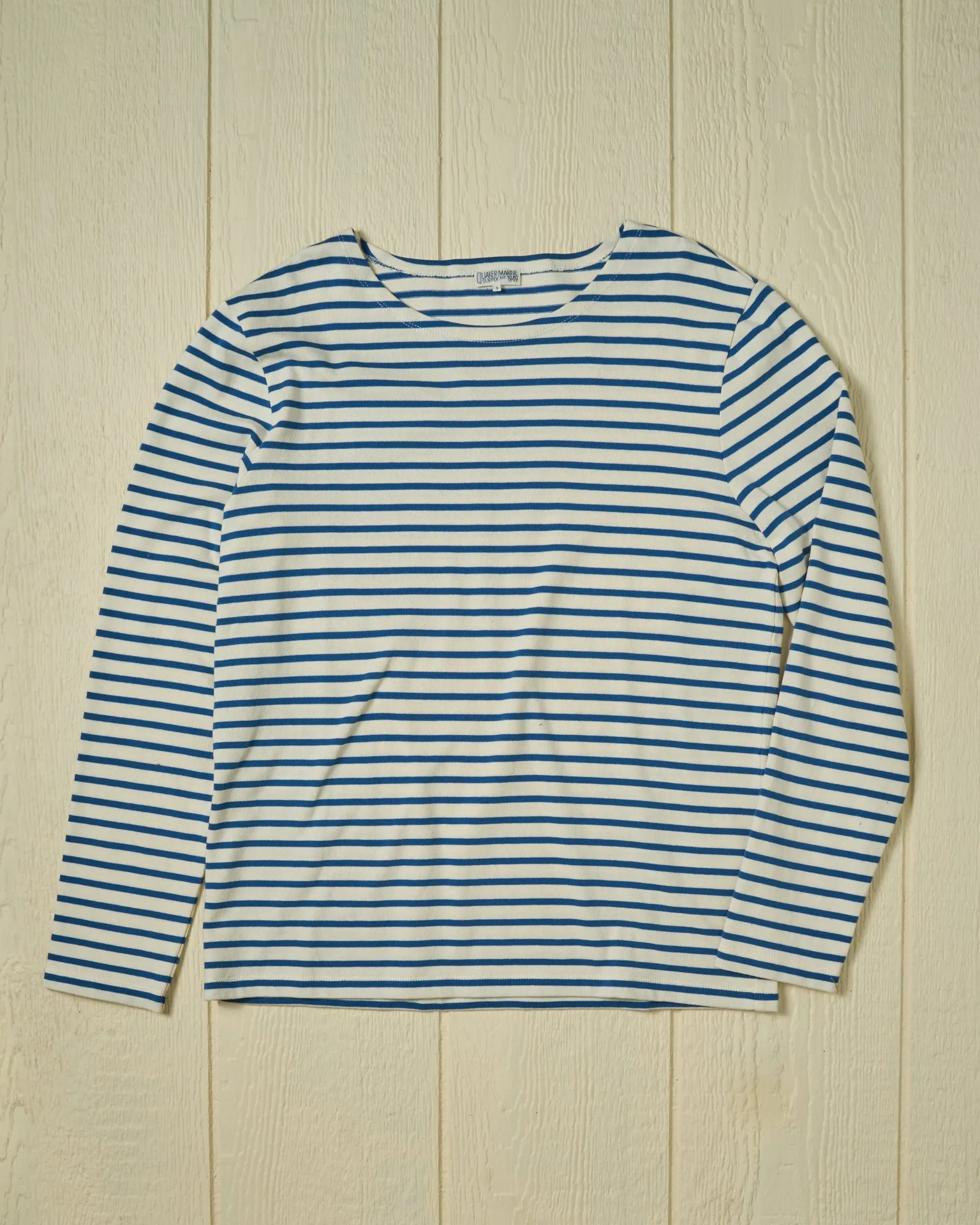 Men’s Breton Stripe Boatneck Tee in Off White/Atlantic Blue sold by Quaker Marine Supply