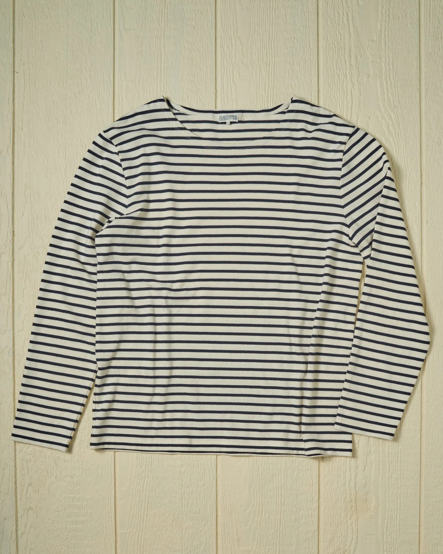 Men’s Breton Stripe Boatneck Tee in Off White/Navy sold by Quaker Marine Supply