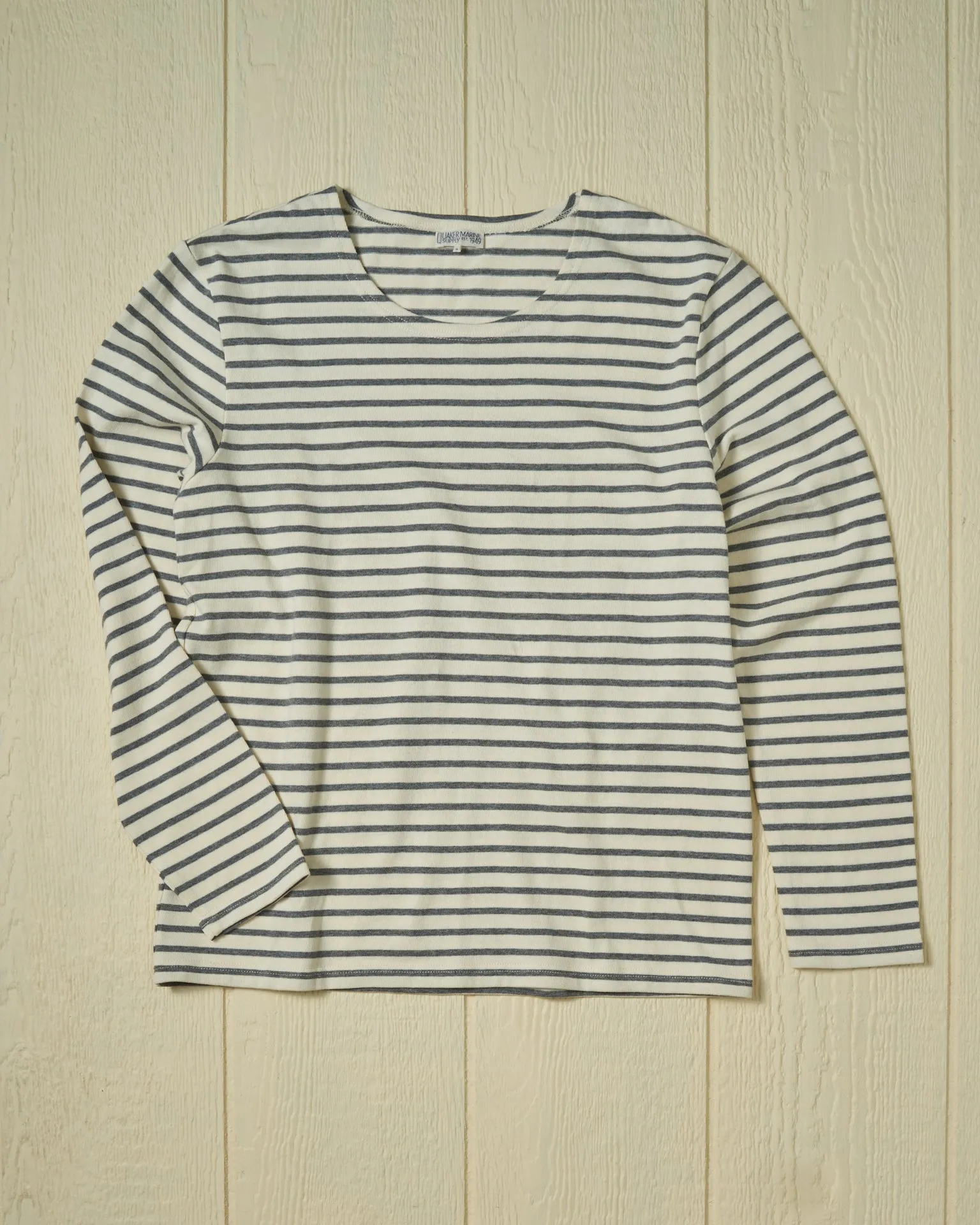 Men’s Breton Stripe Boatneck Tee in Off White/Heather Grey sold by Quaker Marine Supply