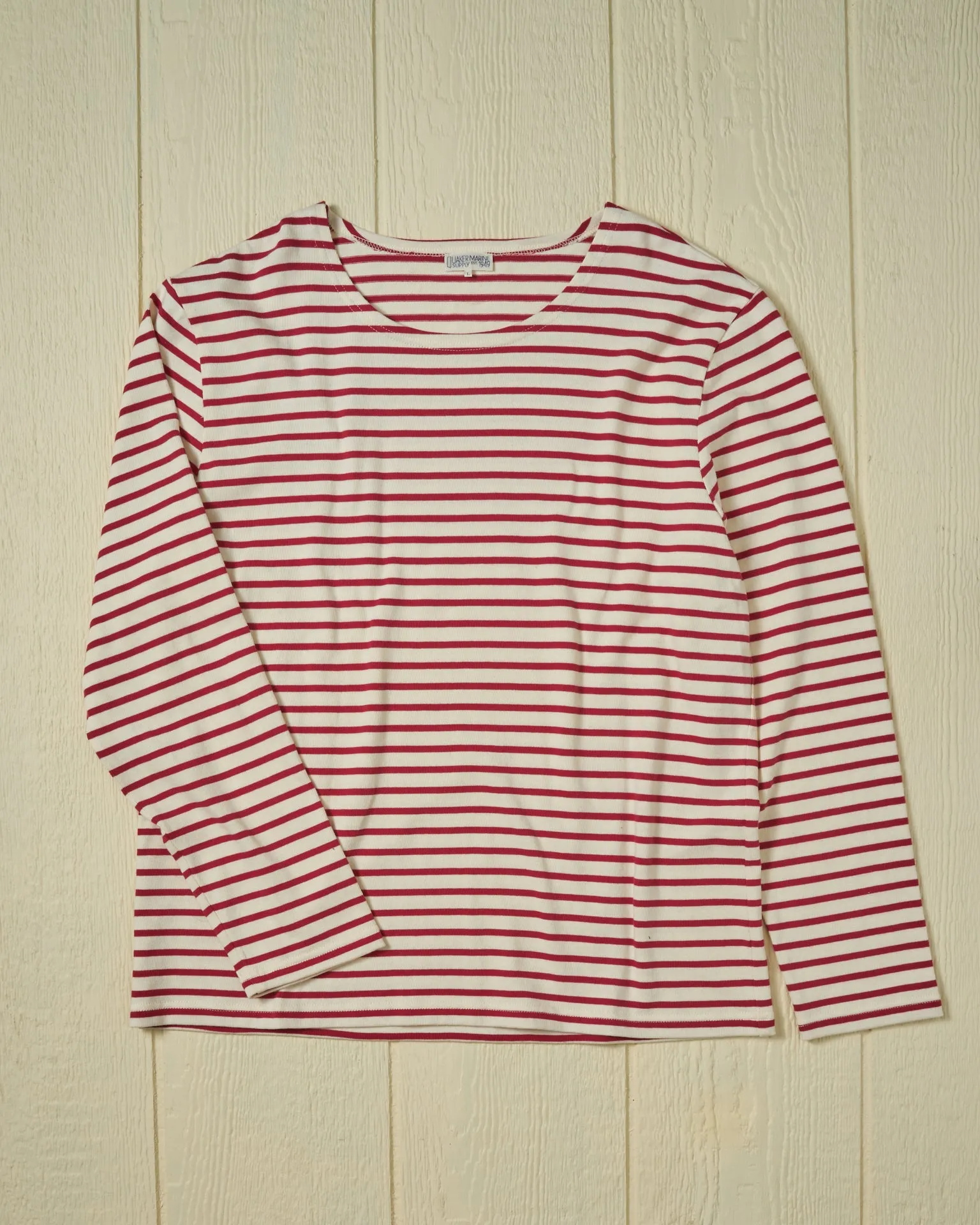 Men’s Breton Stripe Boatneck Tee in Off White/Red sold by Quaker Marine Supply
