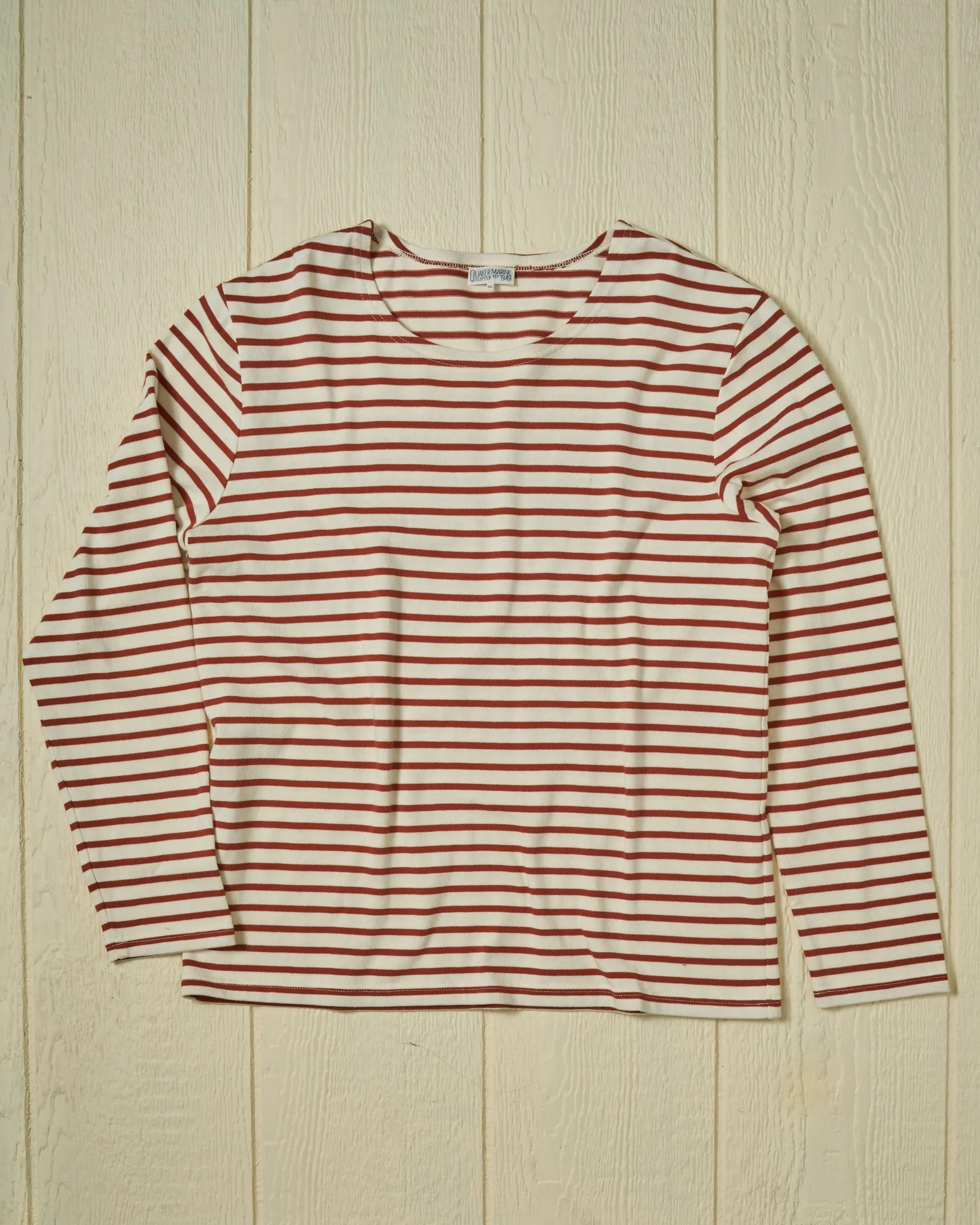 Men’s Breton Stripe Boatneck Tee in Off White/Acorn sold by Quaker Marine Supply