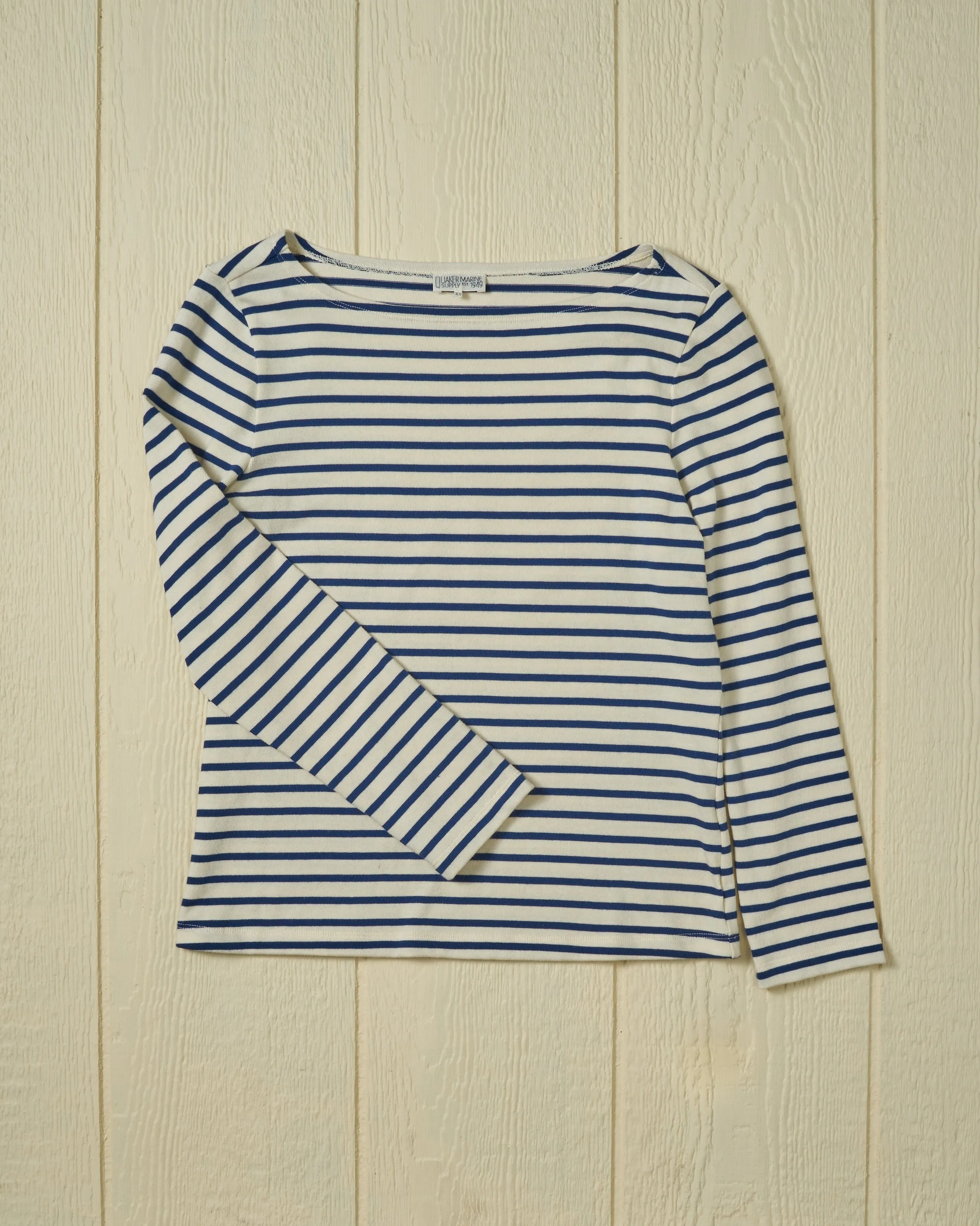 Women’s Breton Stripe Boatneck Tee in Off White/Atlantic Blue sold by Quaker Marine Supply