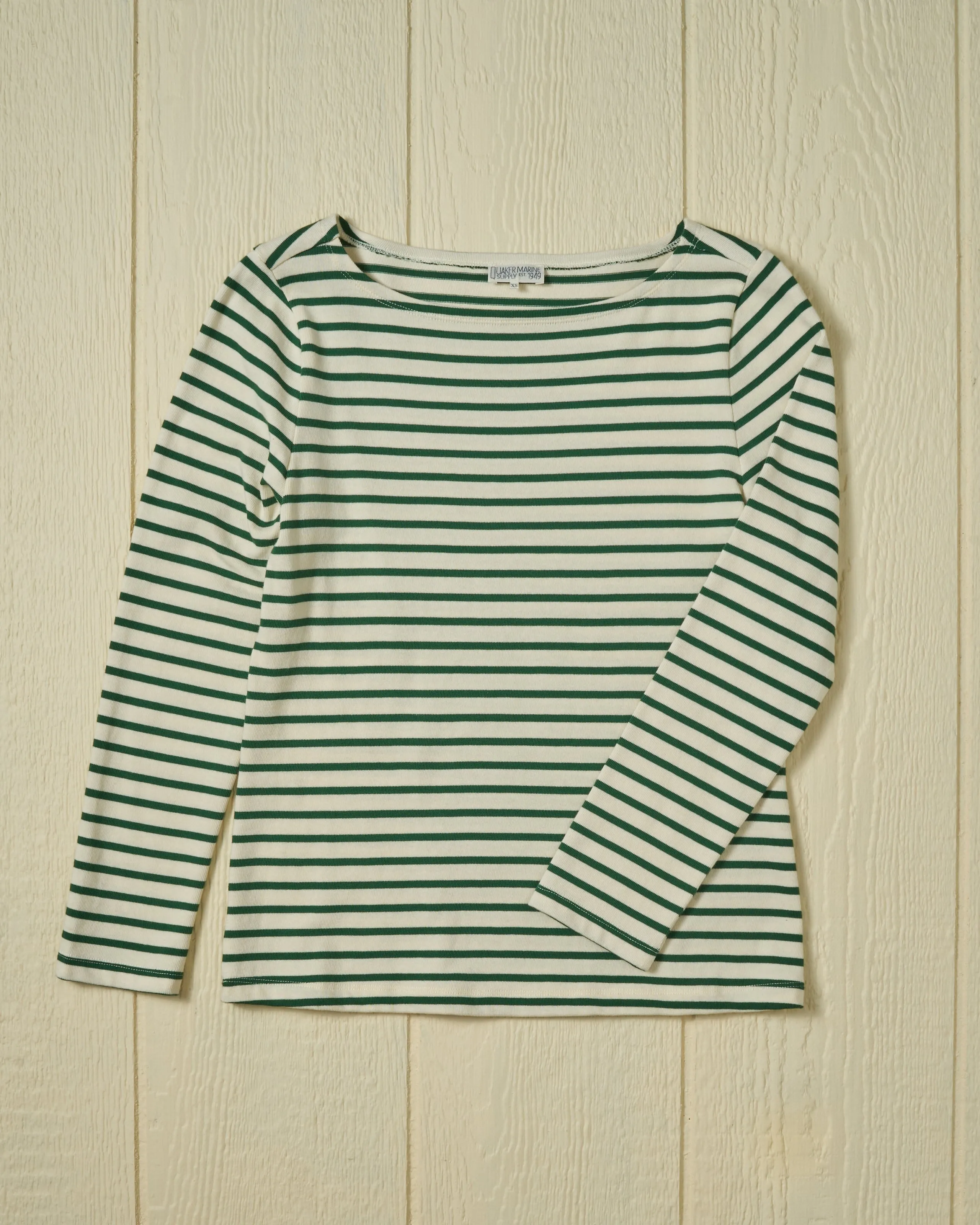 Women’s Breton Stripe Boatneck Tee in Off White/Spruce sold by Quaker Marine Supply