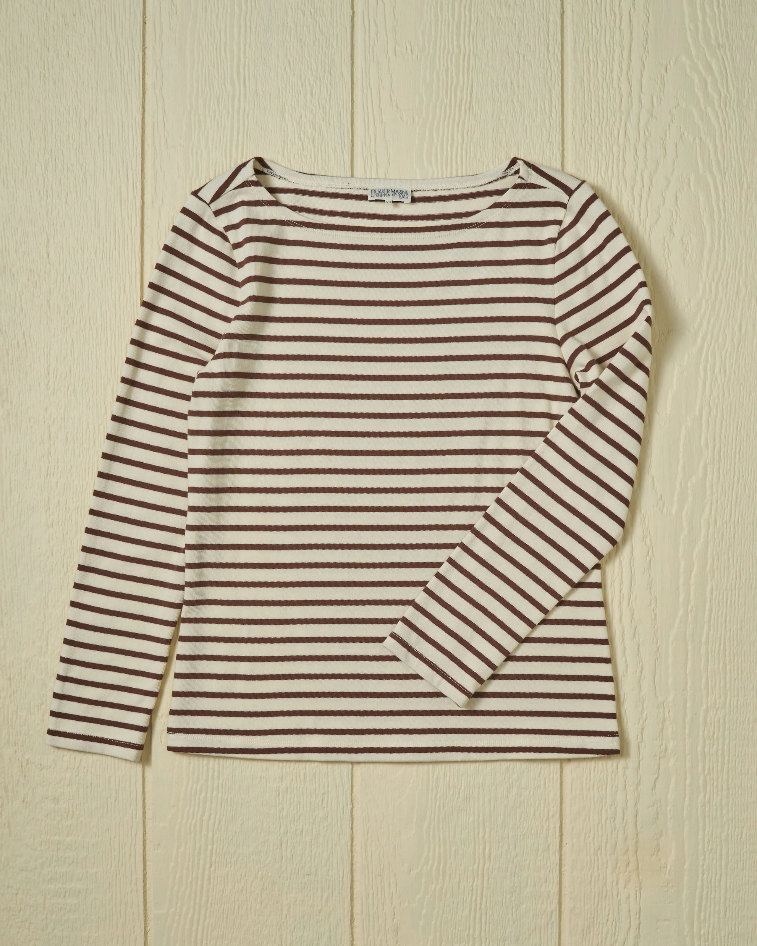 Women’s Breton Stripe Boatneck Tee in Off White/Coffee sold by Quaker Marine Supply