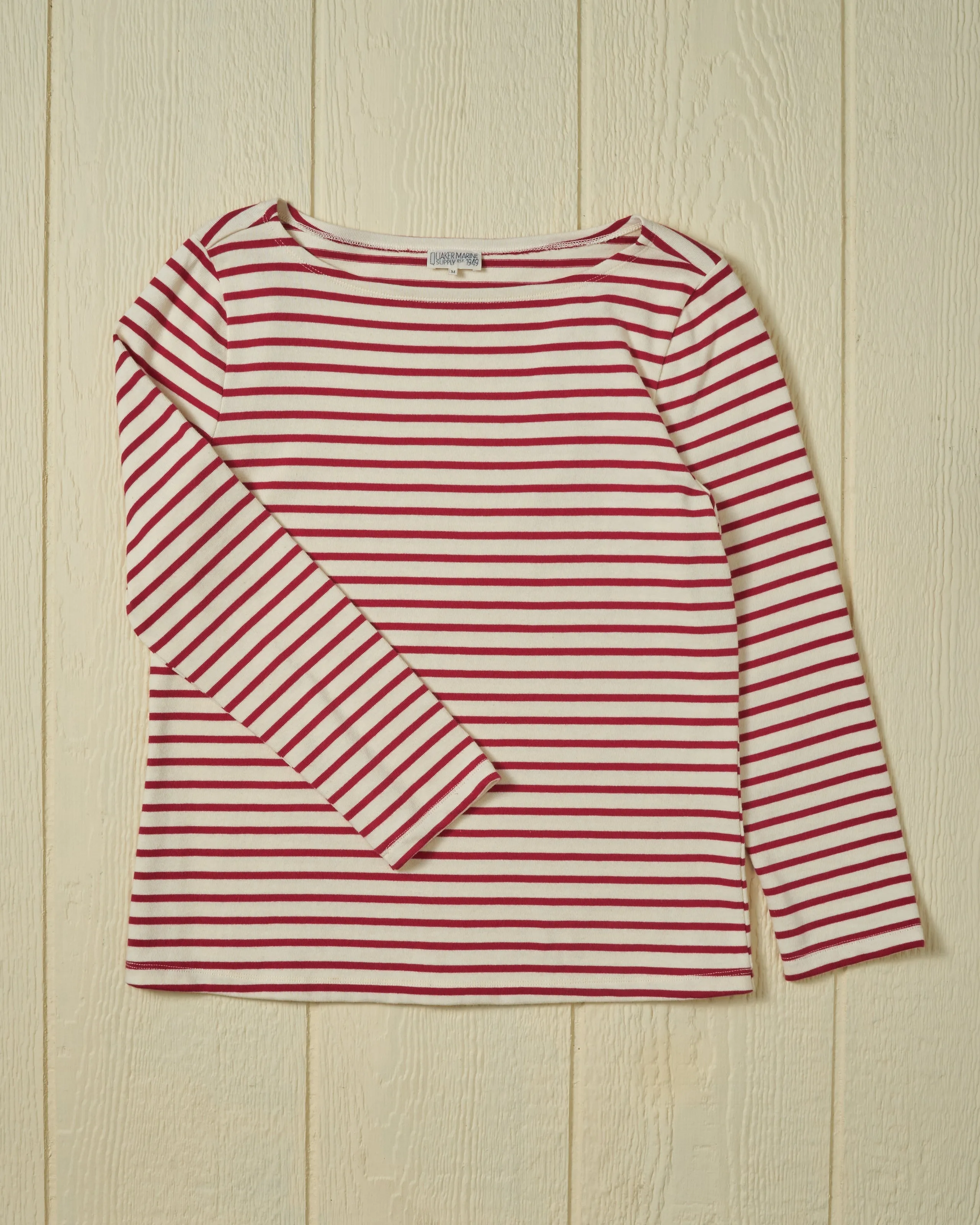 Women’s Breton Stripe Boatneck Tee in Off White/Red sold by Quaker Marine Supply