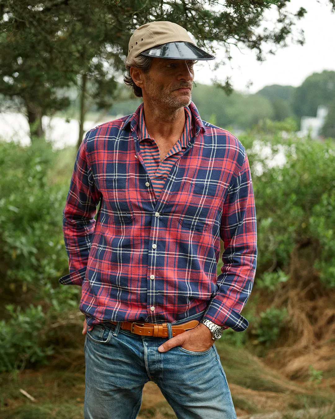 Long Sleeve Indigo Polo in Faded Red/Navy Even Stripe sold by Quaker Marine Supply product image thumbnail 2