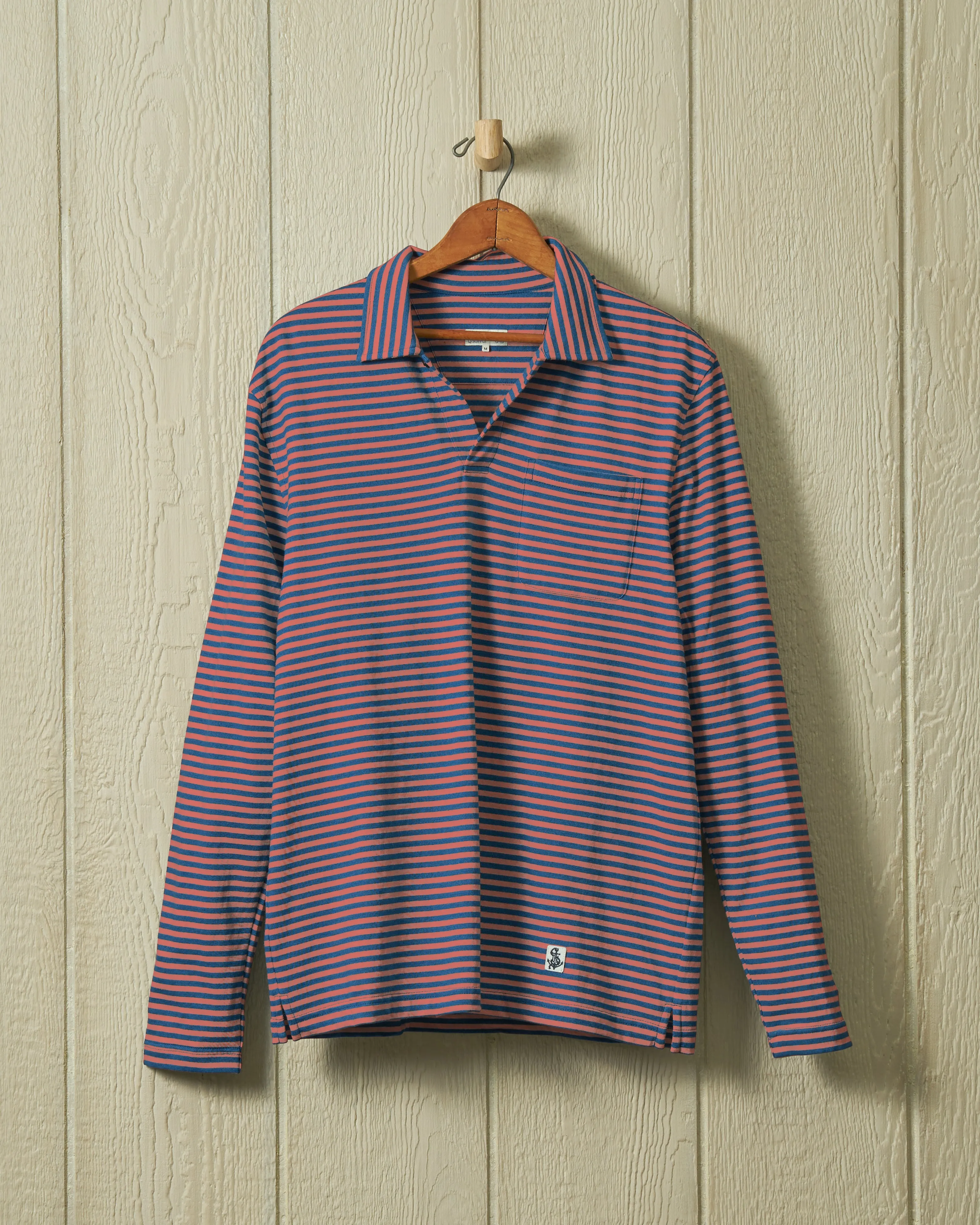 Long Sleeve Indigo Polo in Faded Red/Navy Even Stripe sold by Quaker Marine Supply