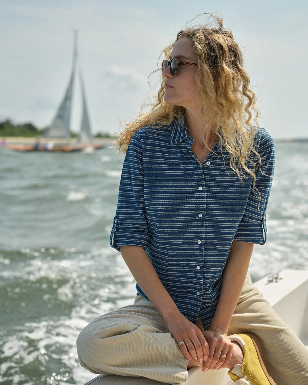 Avalon Indigo Knit Top in Mid-Wash Jacquard Stripe sold by Quaker Marine Supply product image thumbnail 2